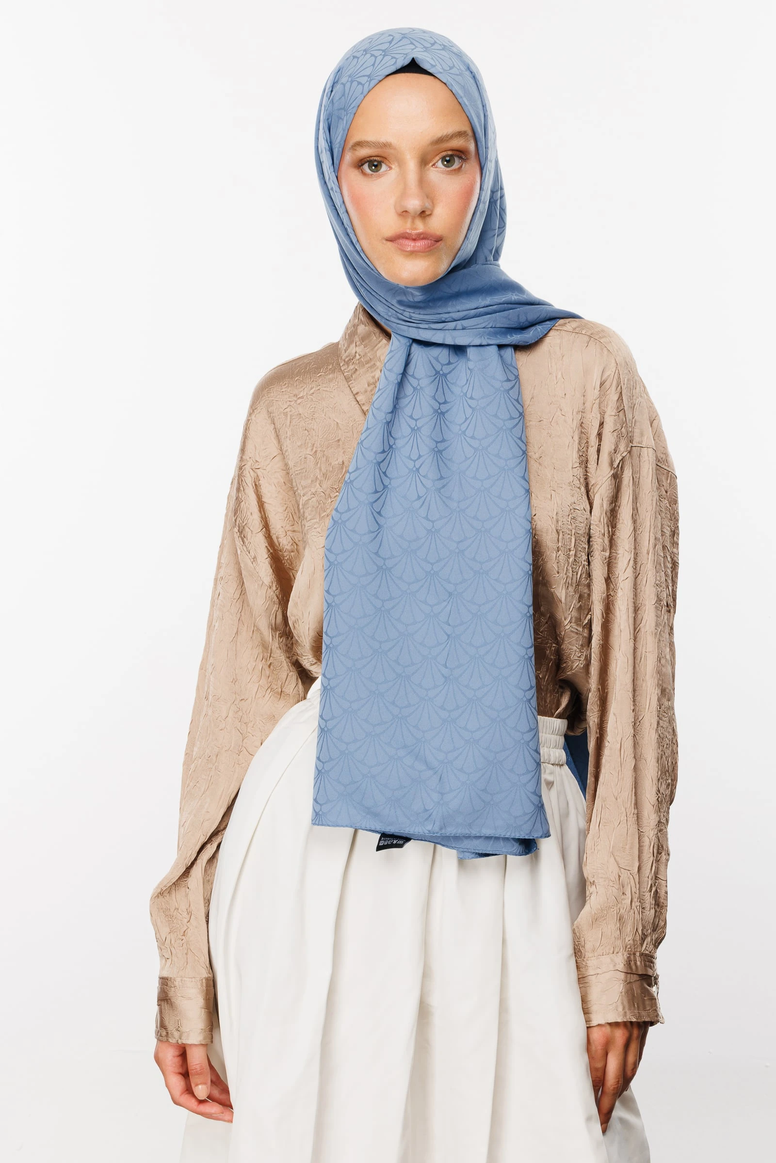 Toptan Lotus Desen İpeksi Jakar Şal - Gök Mavisi