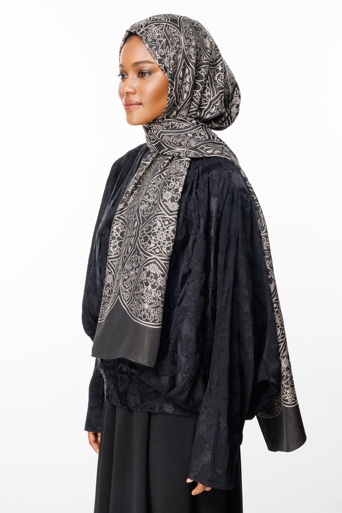 Toptan Morocco Desen Çift Taraflı Şal - Siyah-Bej