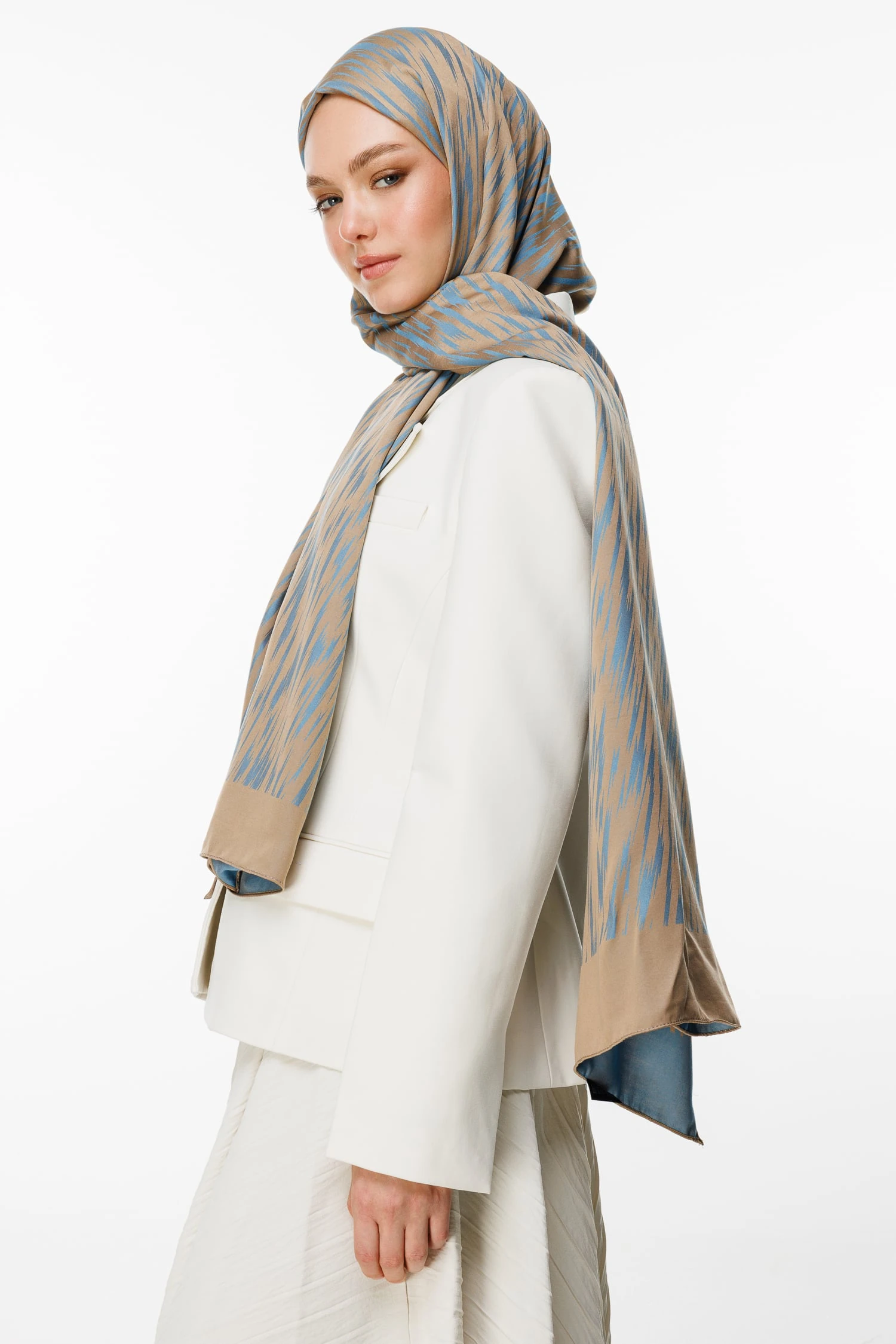 Toptan Selis Desen Çift Taraflı Şal - Vizon-Turkuaz