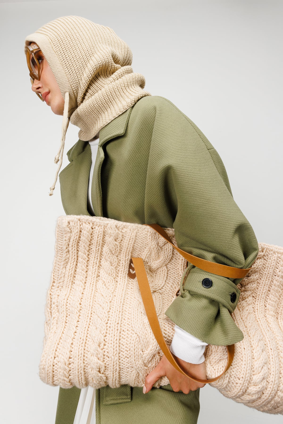 Toptan Balaclava Triko Başlık - Bej