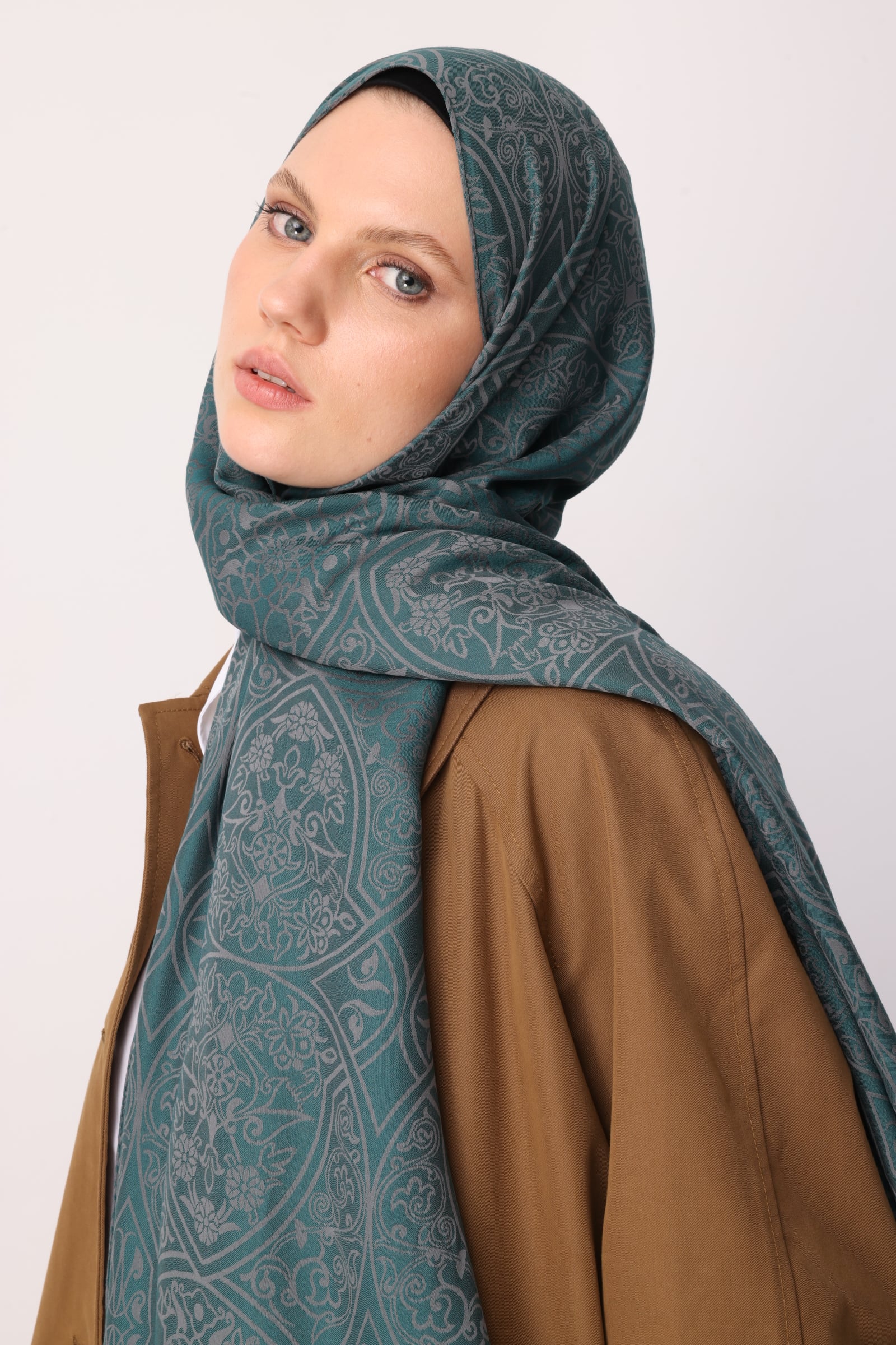 Toptan Morocco Desen Çift Taraflı Şal - Koyu Gri-Zümrüt