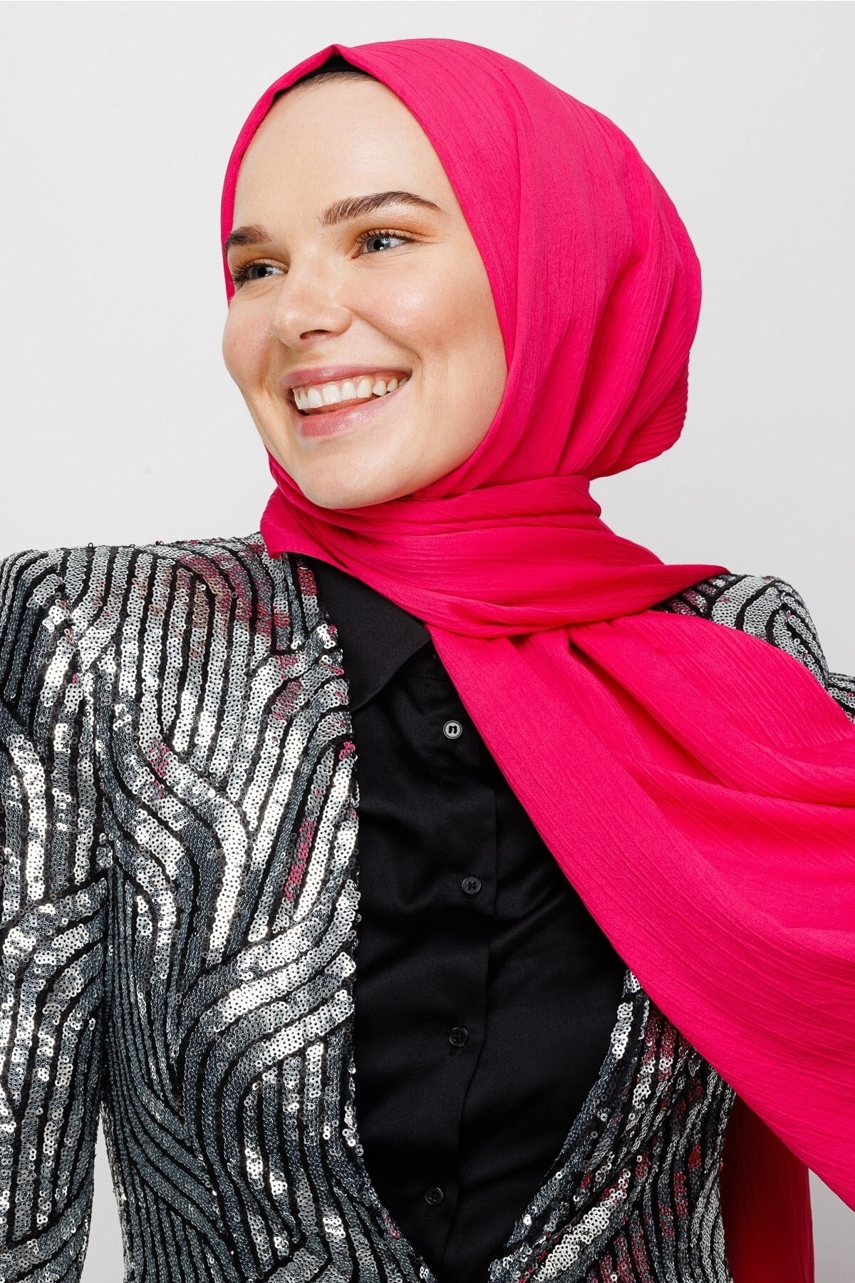 Toptan Krinkıl Medine İpeği Şal - Fuşya