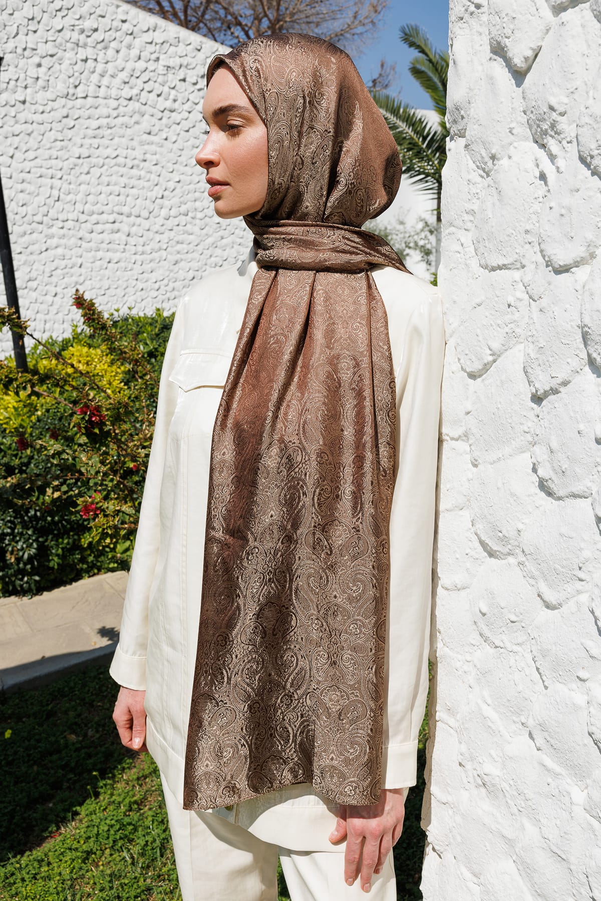 Toptan Moren Desen Shine Line Şal - Acı Kahve-Bej