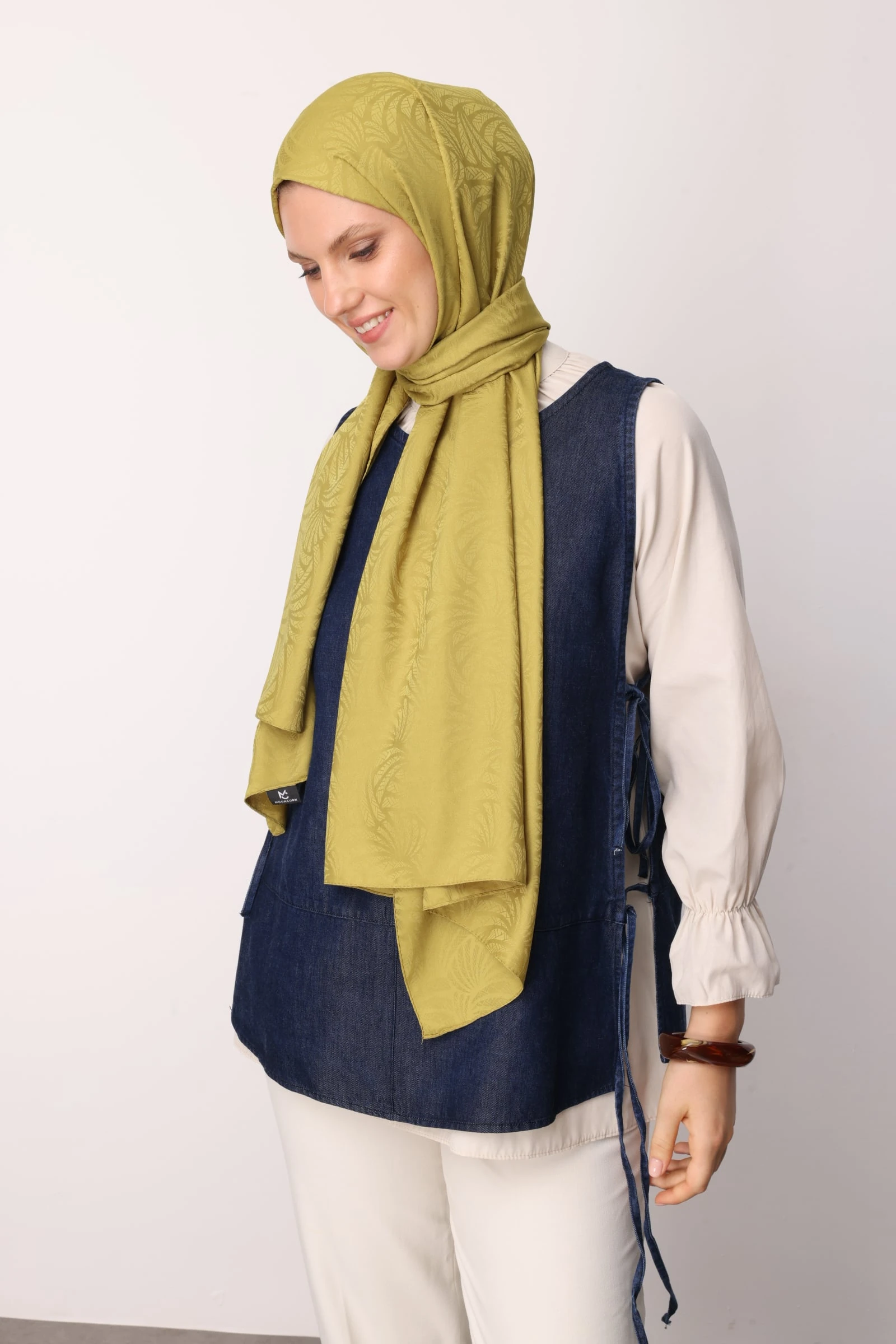 Toptan Artemis Desen İpeksi Jakar Şal - Oliv Yeşili