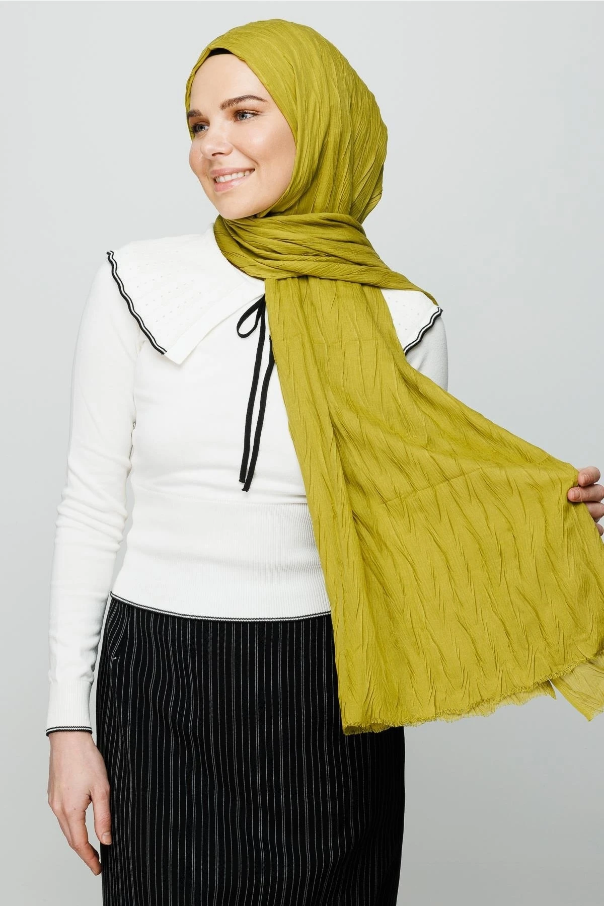 Toptan Piliseli Bambu Şal - Zeytin Yeşili