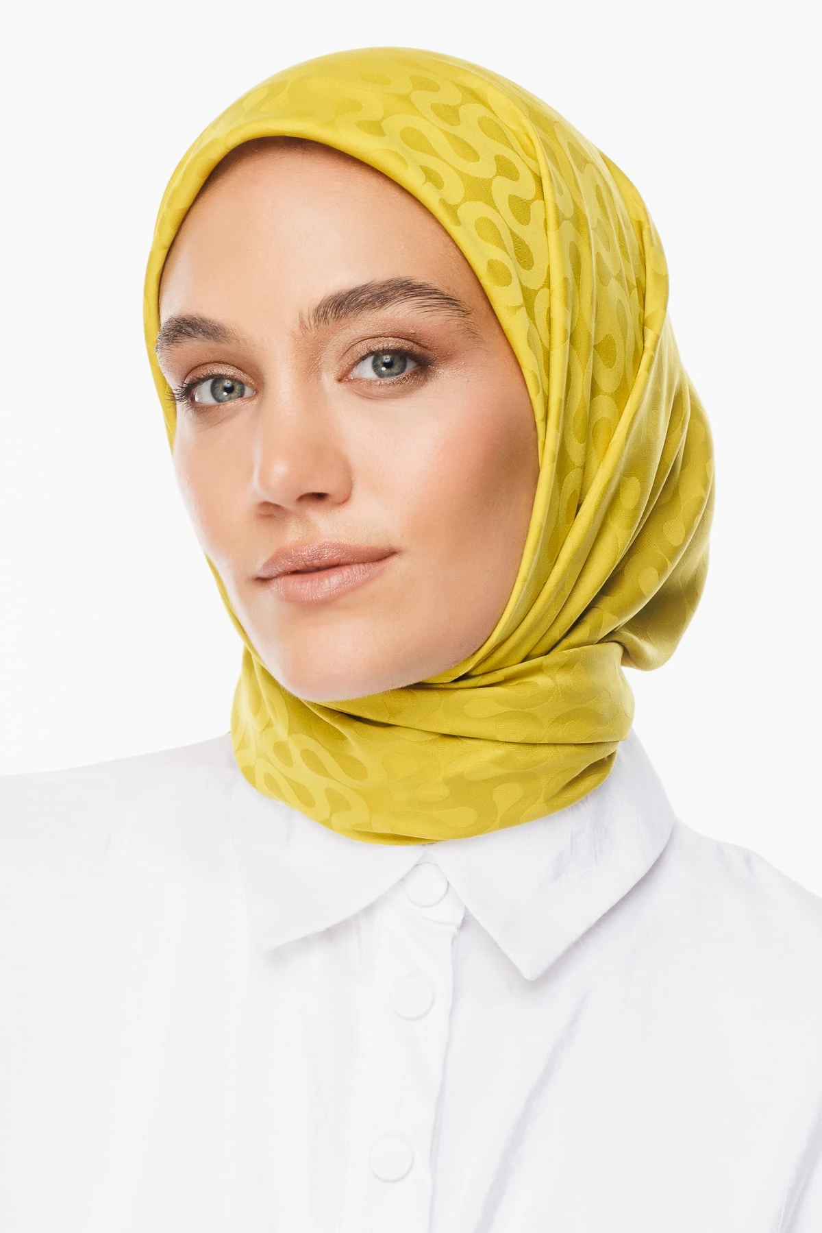 Toptan Moon Desen İpeksi Jakar Eşarp - Oliv Yeşili