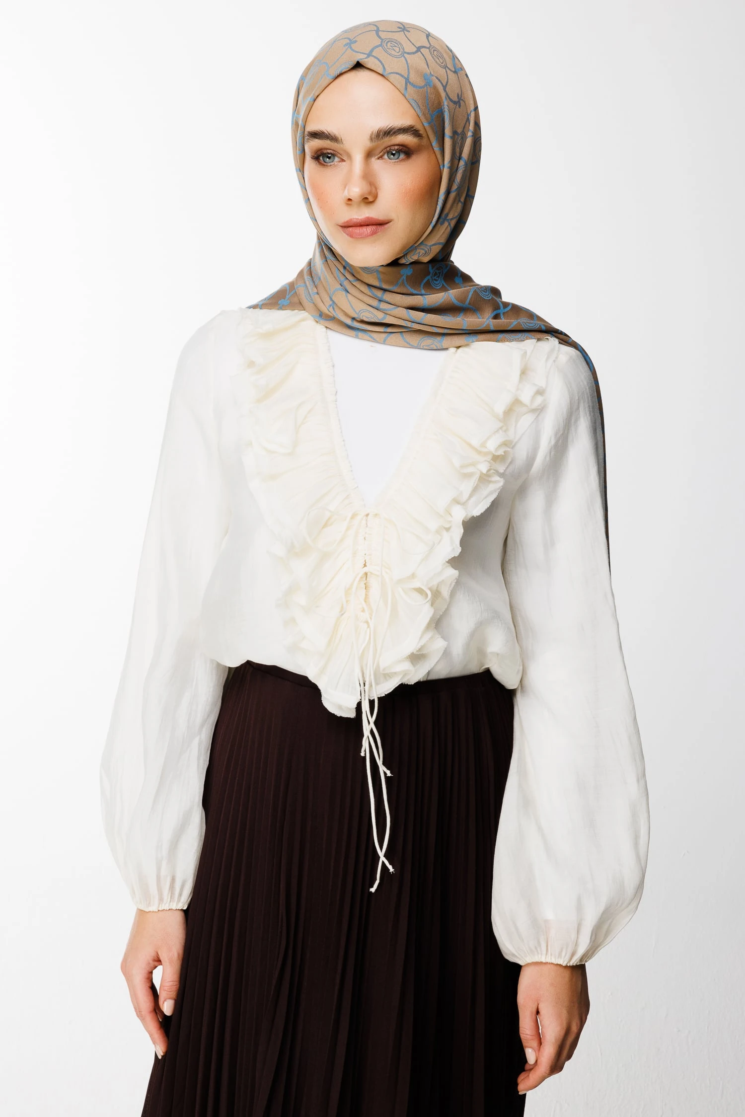 Toptan Marrakech Desen Çift Taraflı Şal - Vizon-Turkuaz