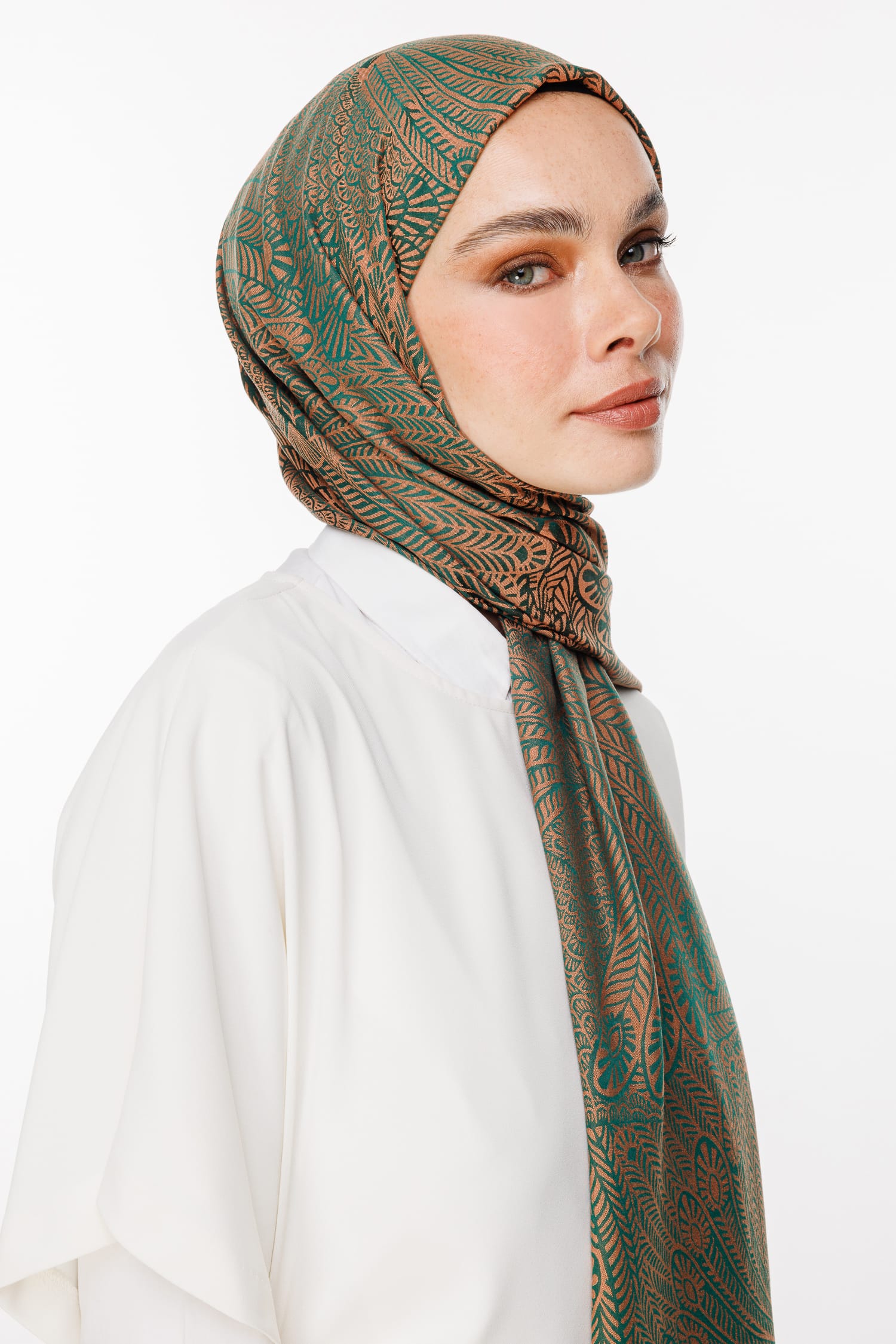 Toptan Mayra Desen Çift Taraflı Şal - Zümrüt-Kayısı