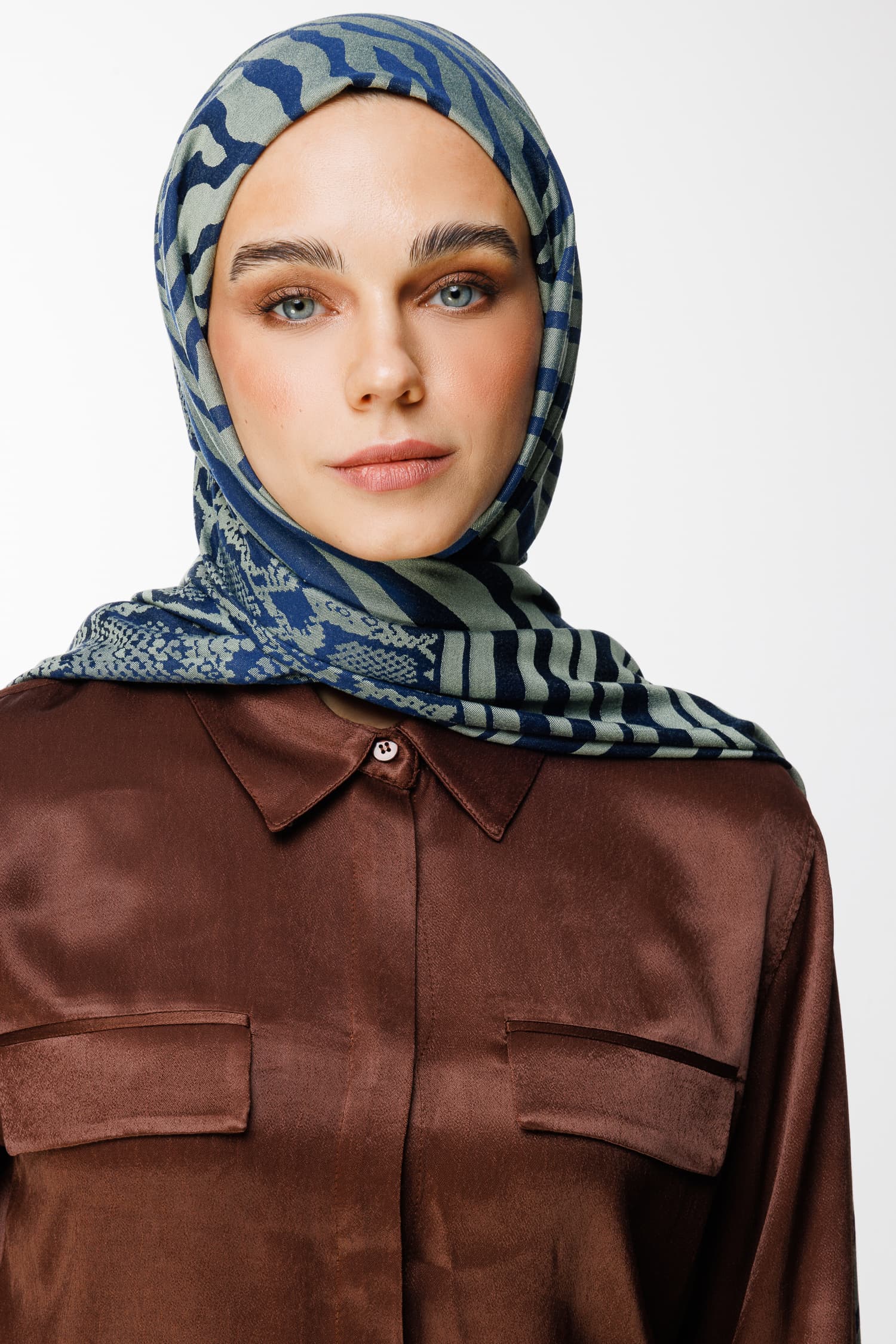 Toptan Riad Desen Çift Taraflı Şal - Lacivert-Su Yeşili