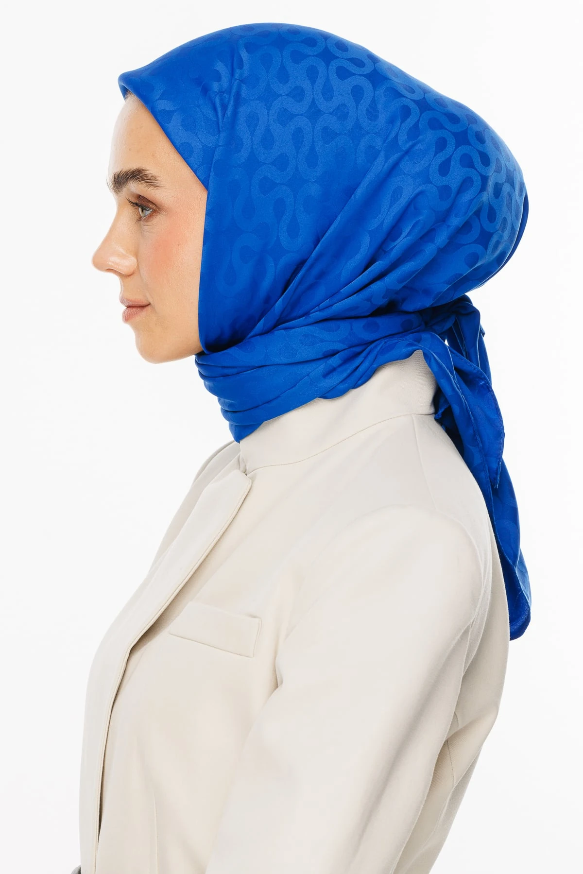 Toptan Moon Desen İpeksi Jakar Eşarp - Saks Mavi