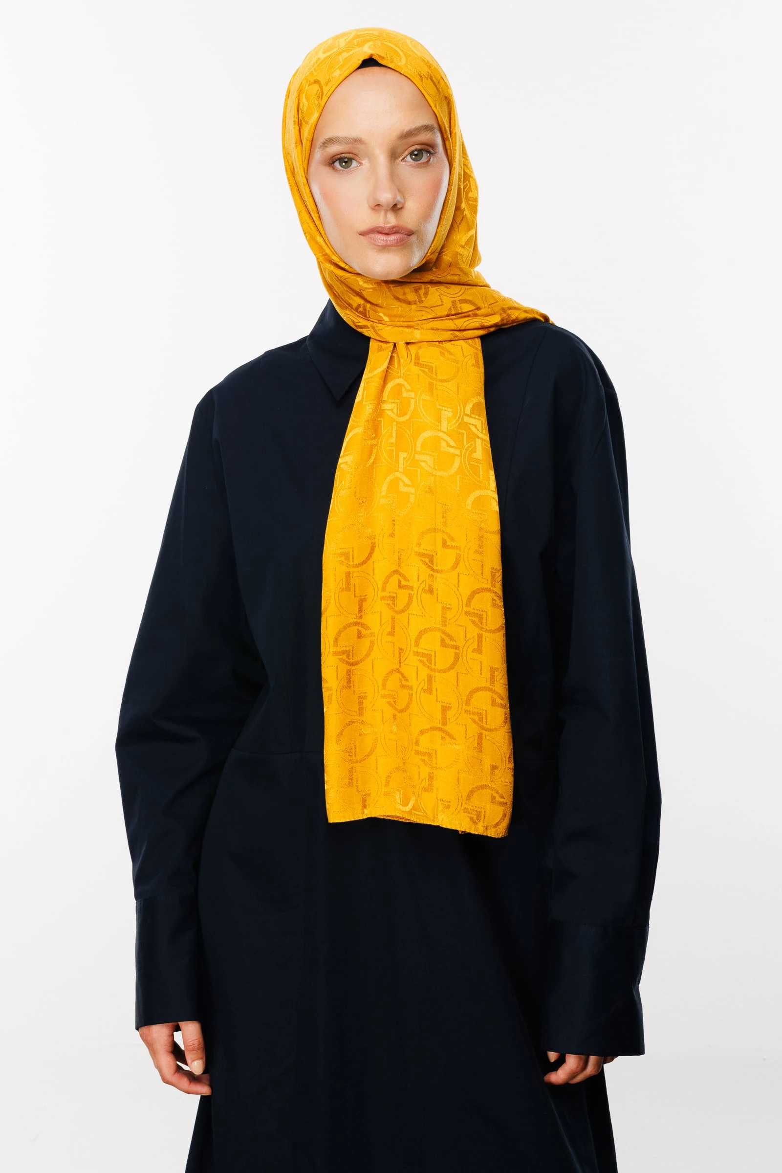 Toptan Longar Desen Parlak Jakar Şal - Safran