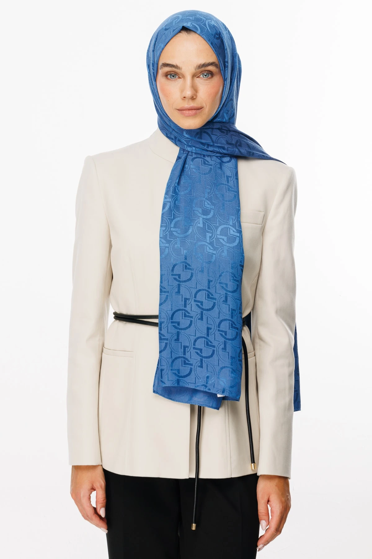 Toptan Longar Desen Parlak Jakar Şal - İndigo