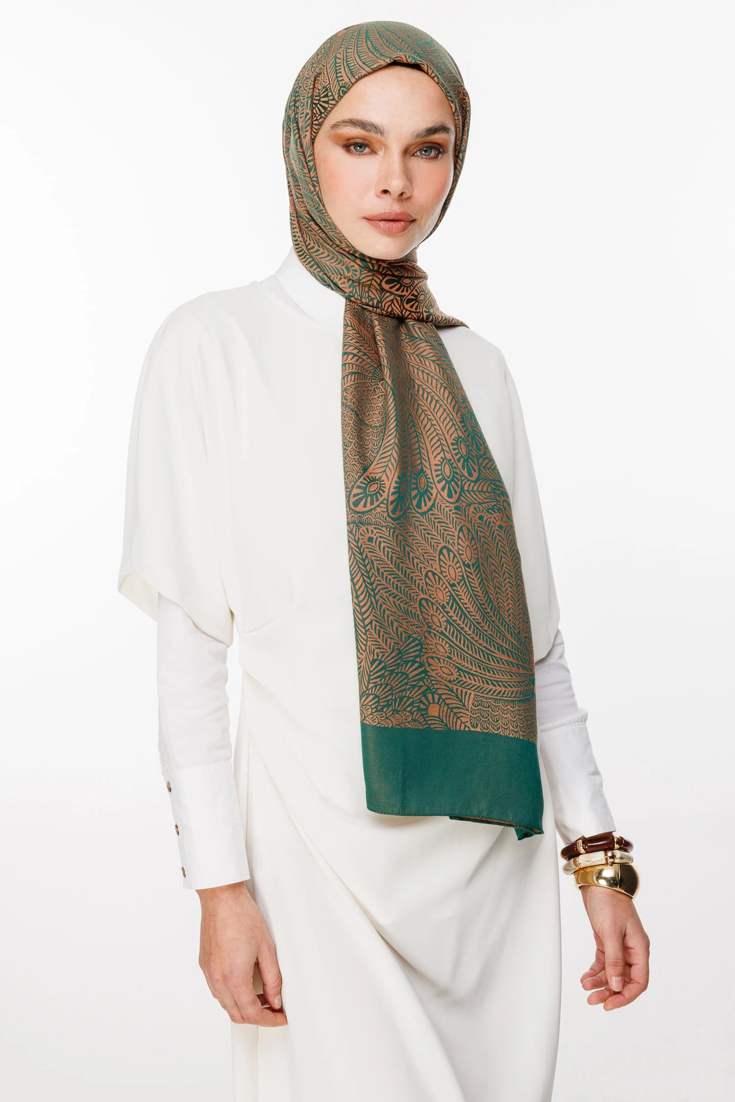 Toptan Mayra Desen Çift Taraflı Şal - Zümrüt-Kayısı