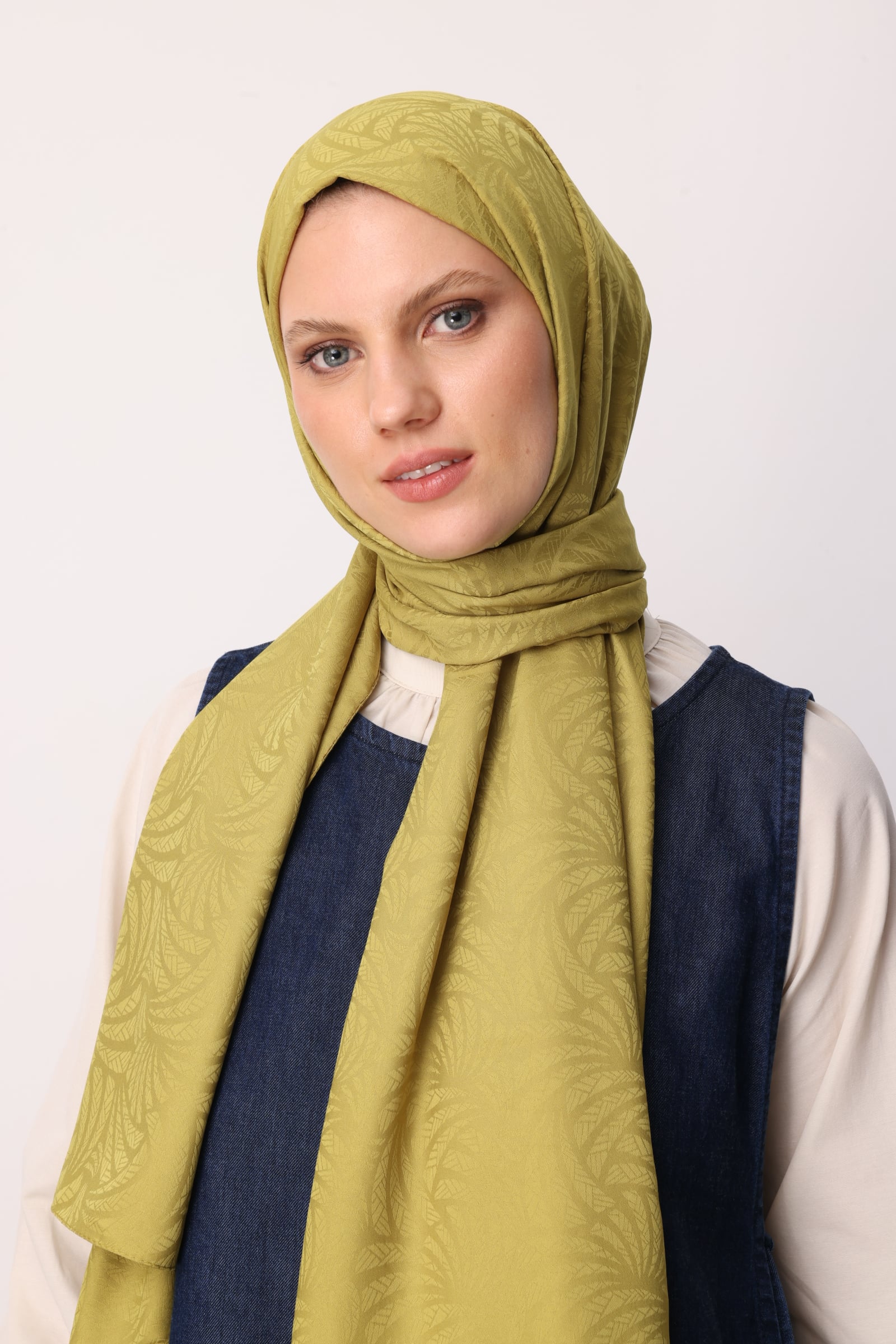 Toptan Artemis Desen İpeksi Jakar Şal - Oliv Yeşili