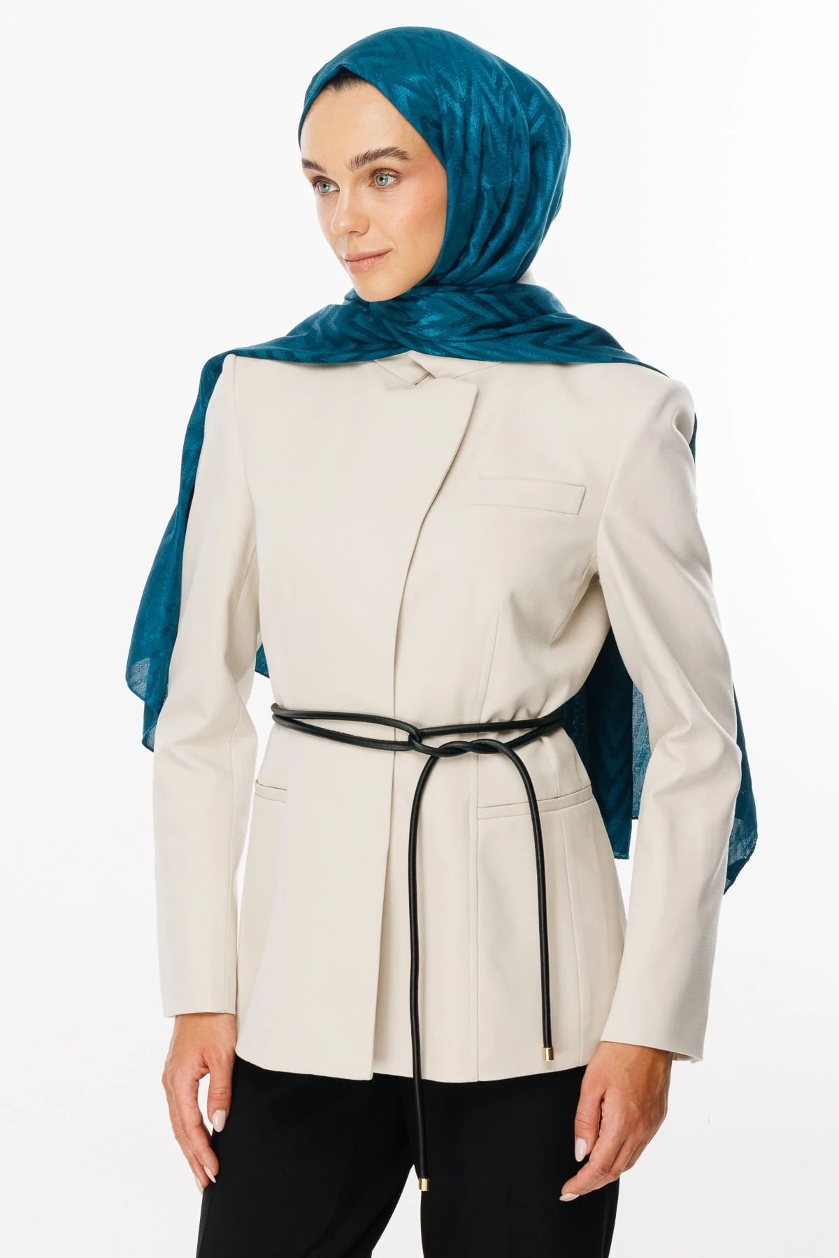 Zigzag Pattern Shiny Jacquard Shawl - Petrol Blue