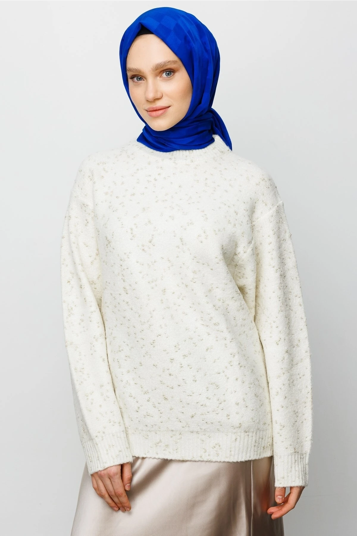 Toptan Dama Desen İpeksi Jakar Şal - Saks Mavi