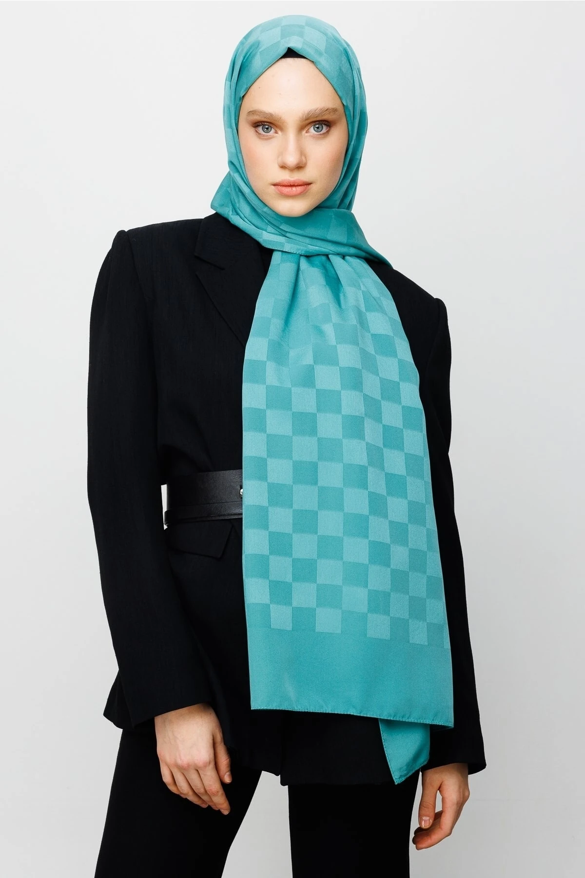 Checkers Pattern Silk Jacquard Shawl - Mint Green