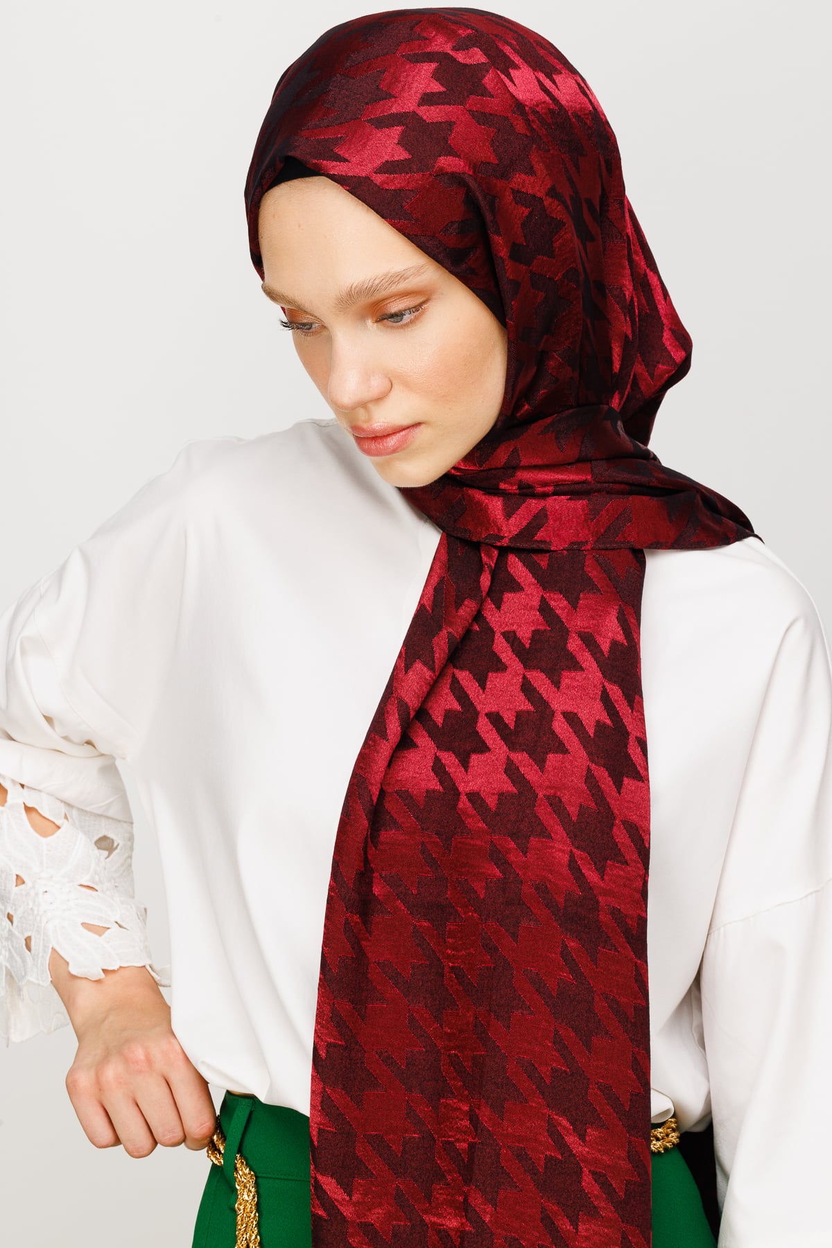 Toptan Kazayağı Desen Parlak Jakar Şal - Bordo