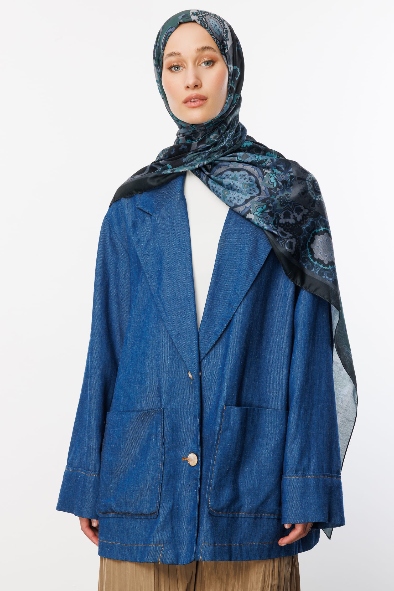 Toptan Solhar Desen Pamuk Şal - Lacivert