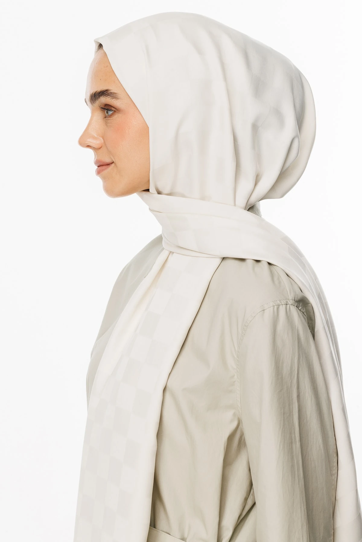 Toptan Dama Desen İpeksi Jakar Şal - İnci