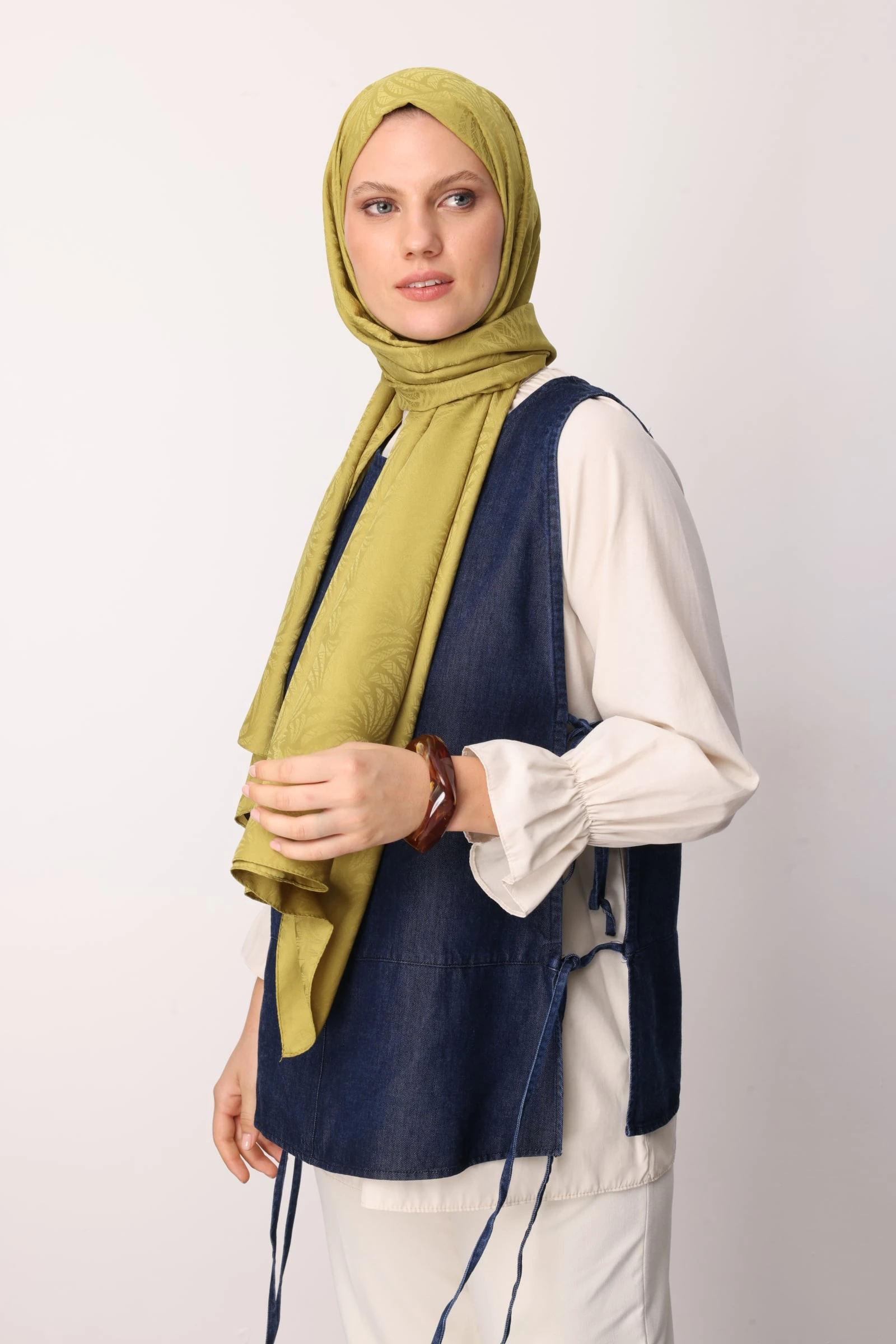 Toptan Artemis Desen İpeksi Jakar Şal - Oliv Yeşili