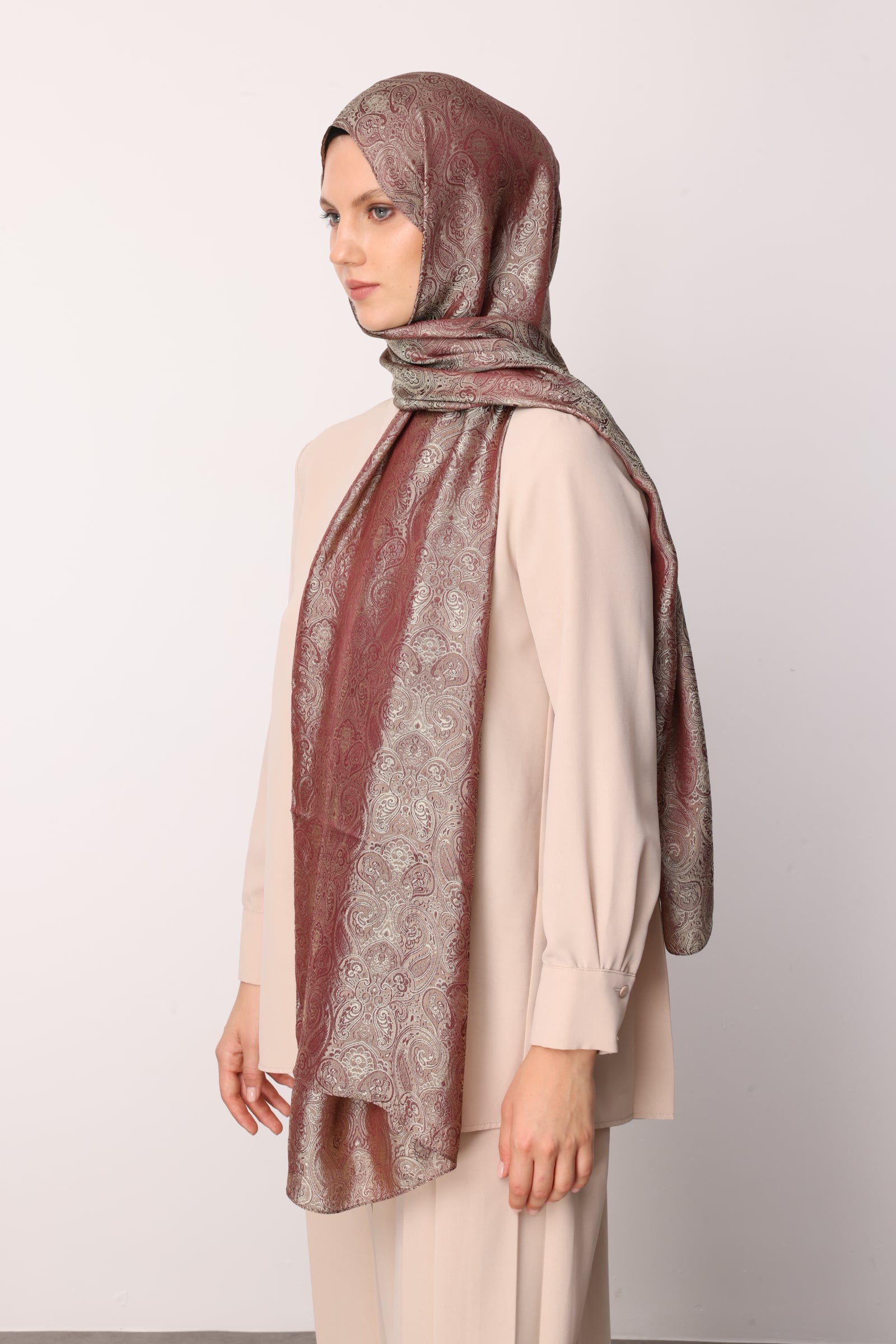 Toptan Moren Desen Shine Line Şal - Mürdüm-Somon