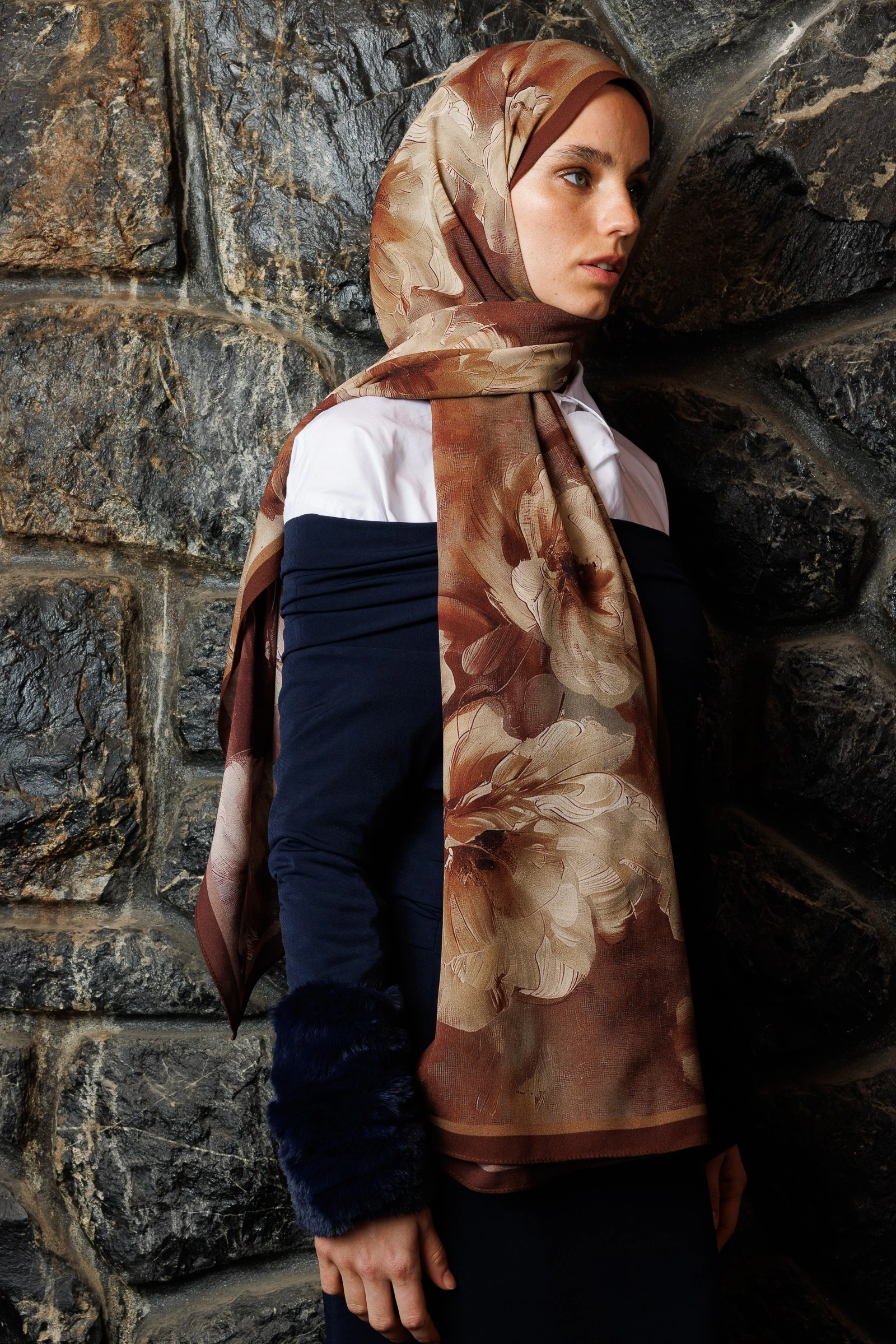 Toptan Rose Desen Hebei İpek Şal - Gül Kurusu