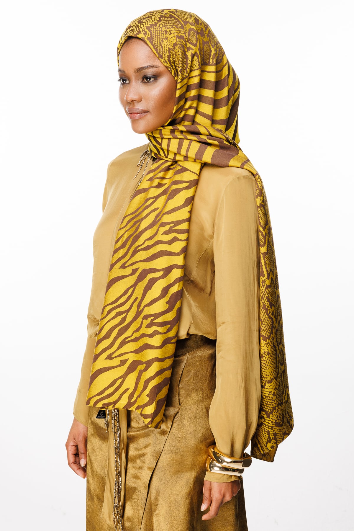 Riad-Pattern Reversible Shawl - Bitter Coffee-Mustard