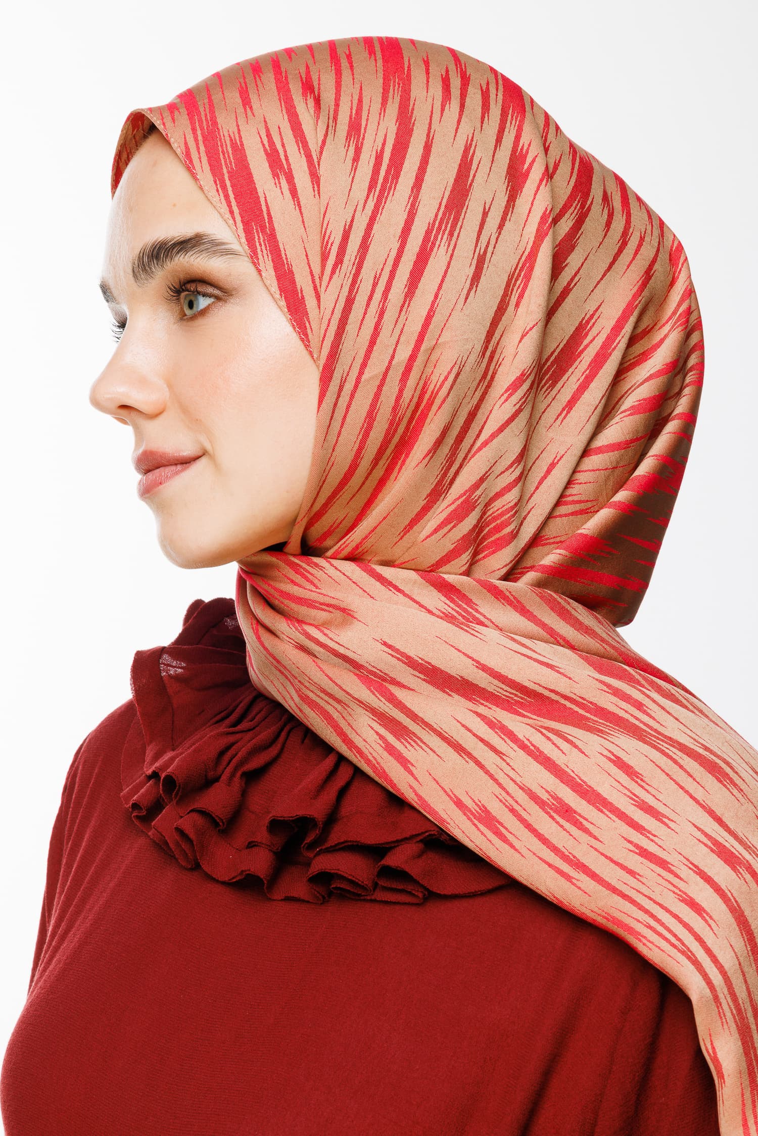 Toptan Selis Desen Çift Taraflı Şal - Vizon-Kırmızı