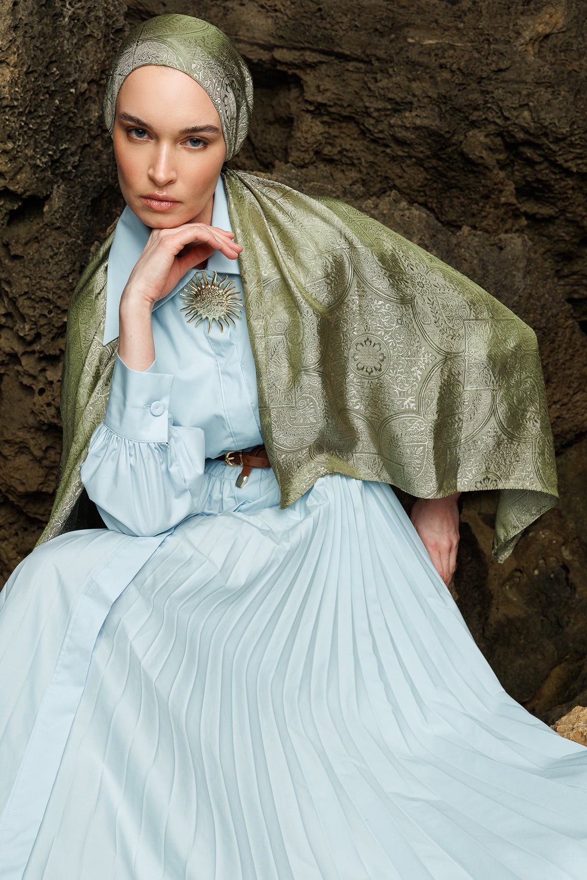 Shline Line Viscose Shawl - Khaki-Salmon