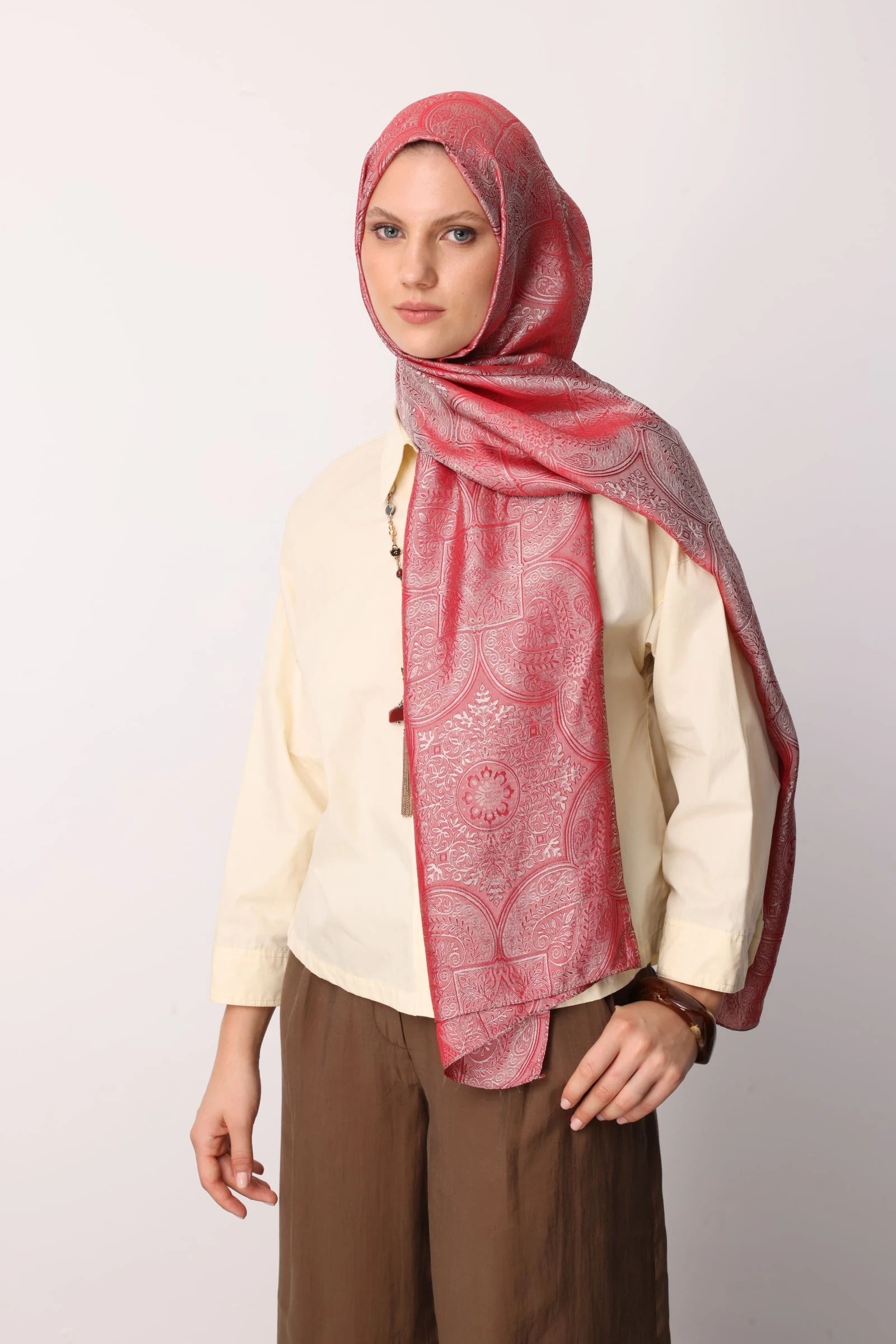 Shline Line Viscose Shawl - Burgundy-Mint Green