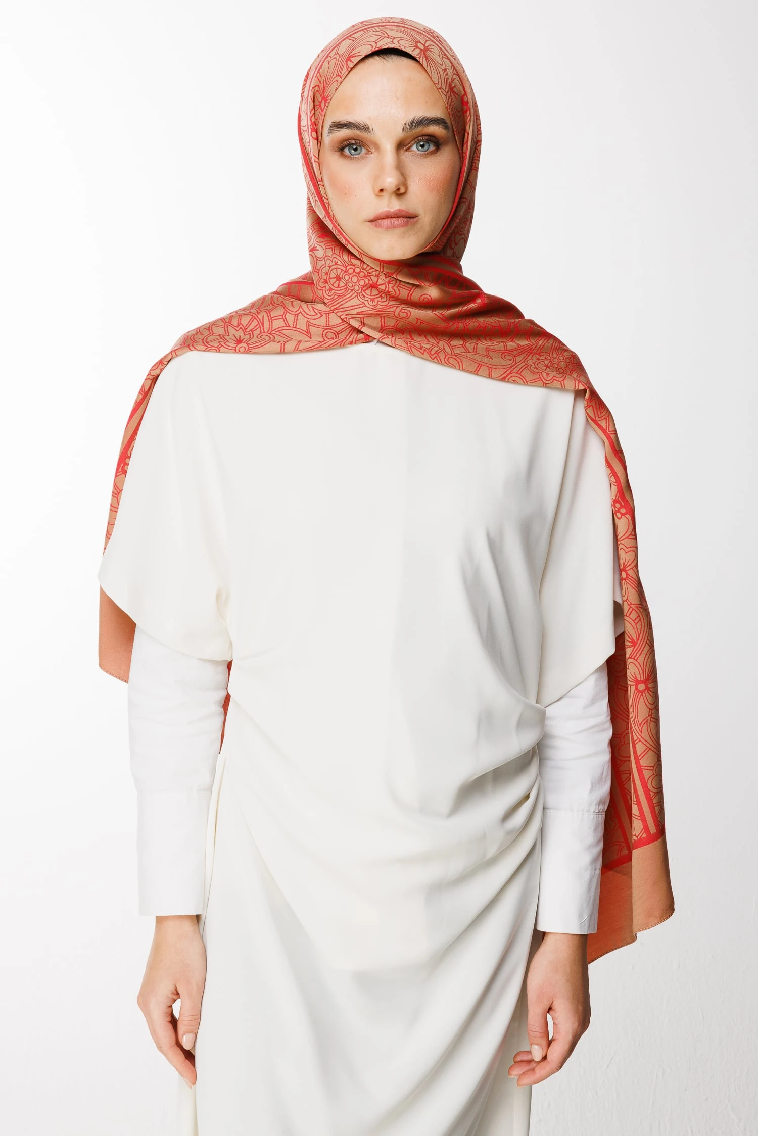 Toptan Lavin Desen Çift Taraflı Şal - Vizon-Kırmızı