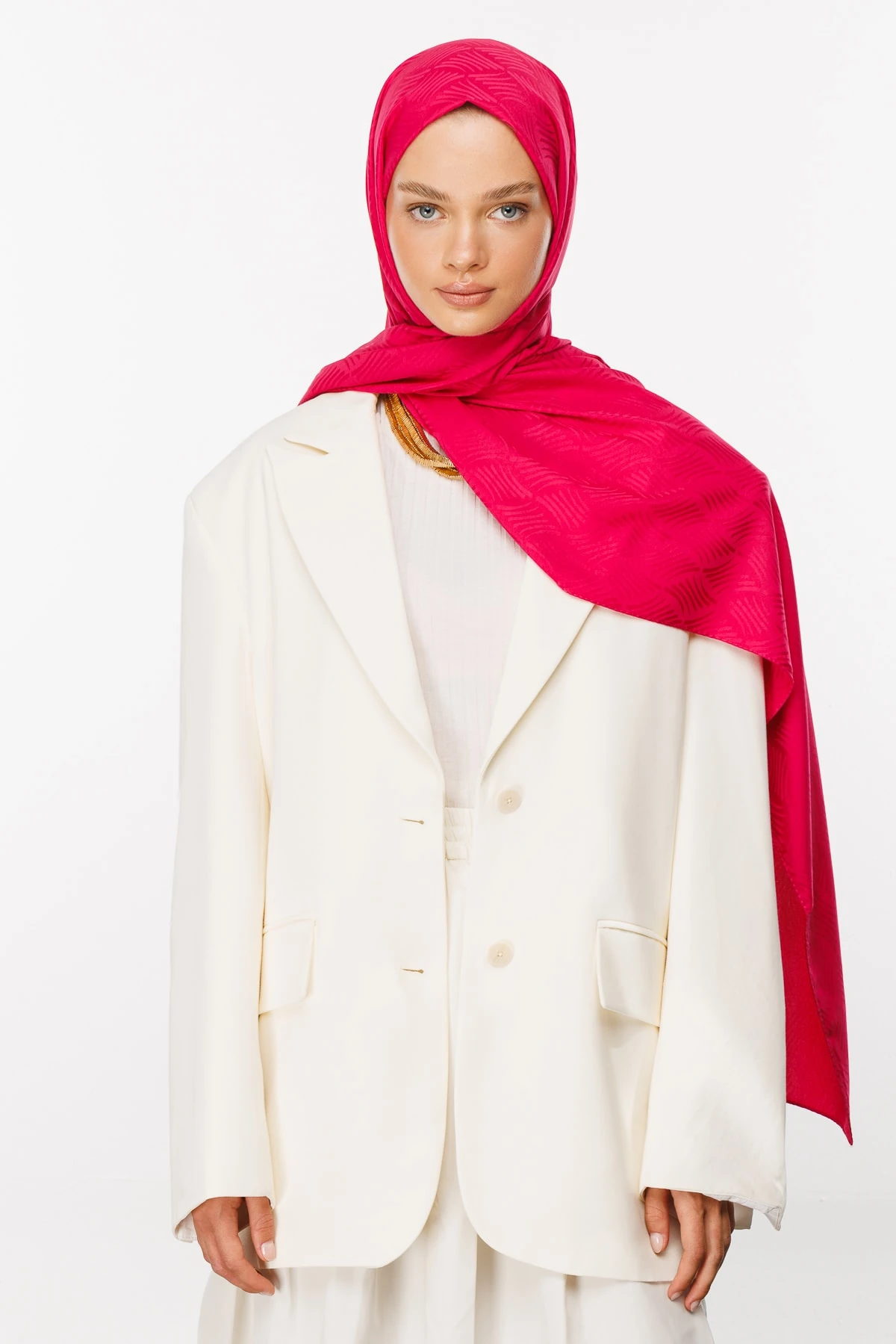 Toptan Aura Desen İpeksi Jakar Şal - Fuşya