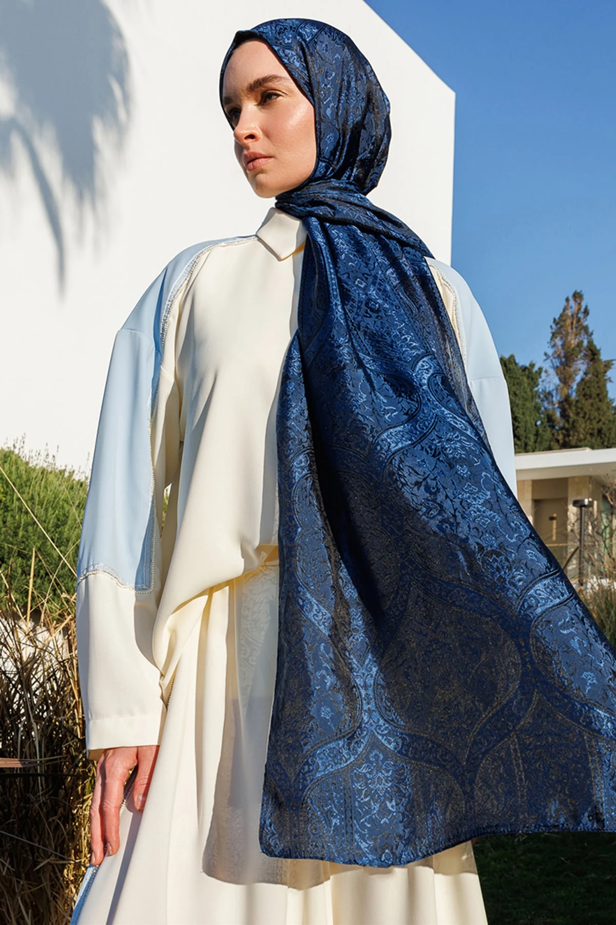 Toptan Soler Desen Shine Line Şal - Siyah-İndigo