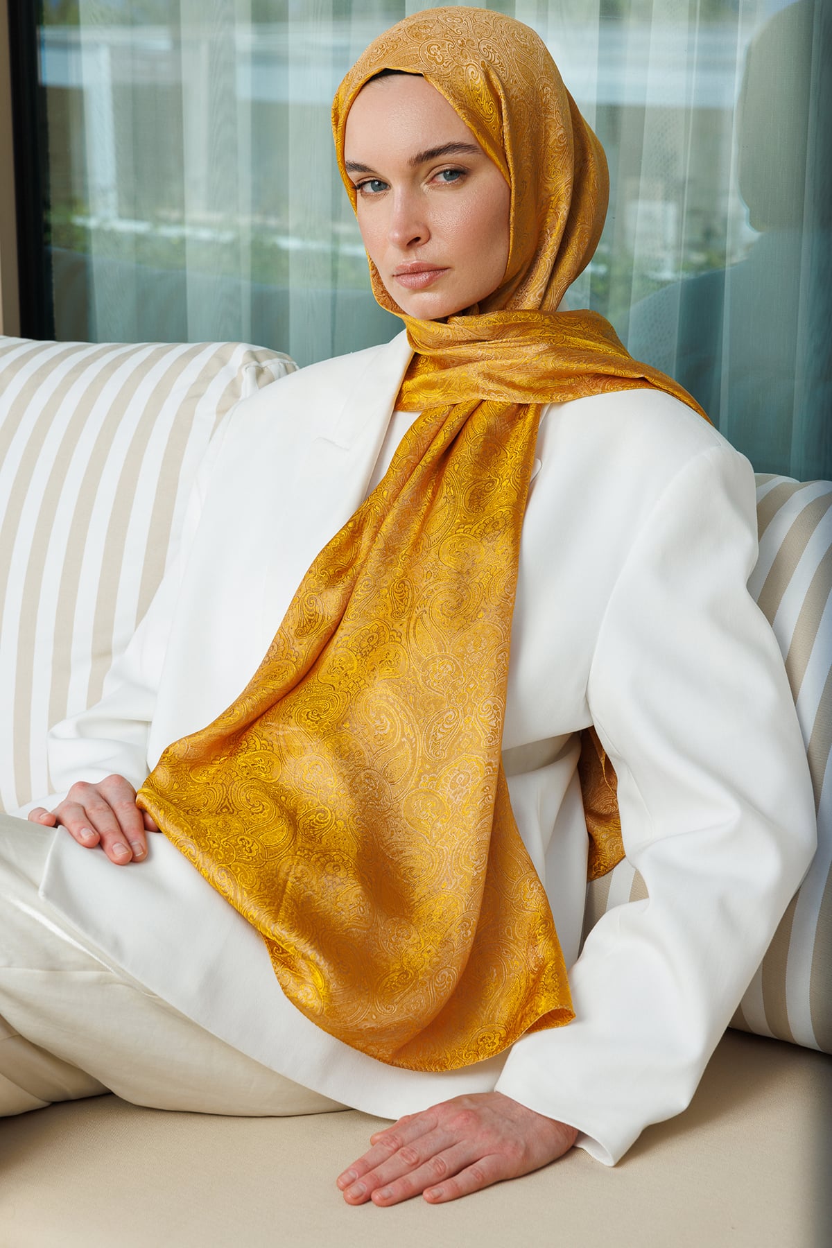 Toptan Moren Desen Shine Line Şal - Vizon-Hardal