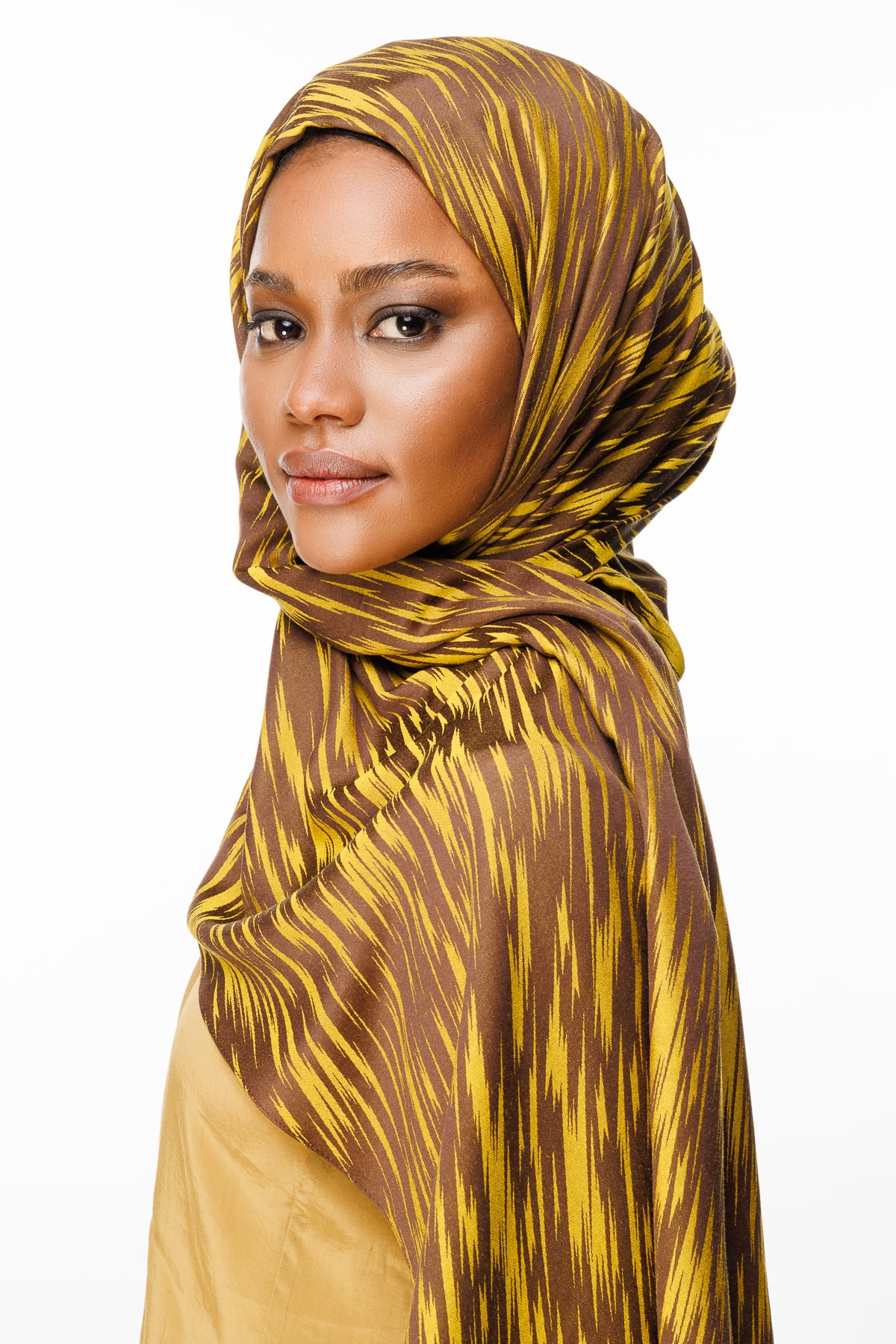 Toptan Selis Desen Çift Taraflı Şal - Acı Kahve-Hardal