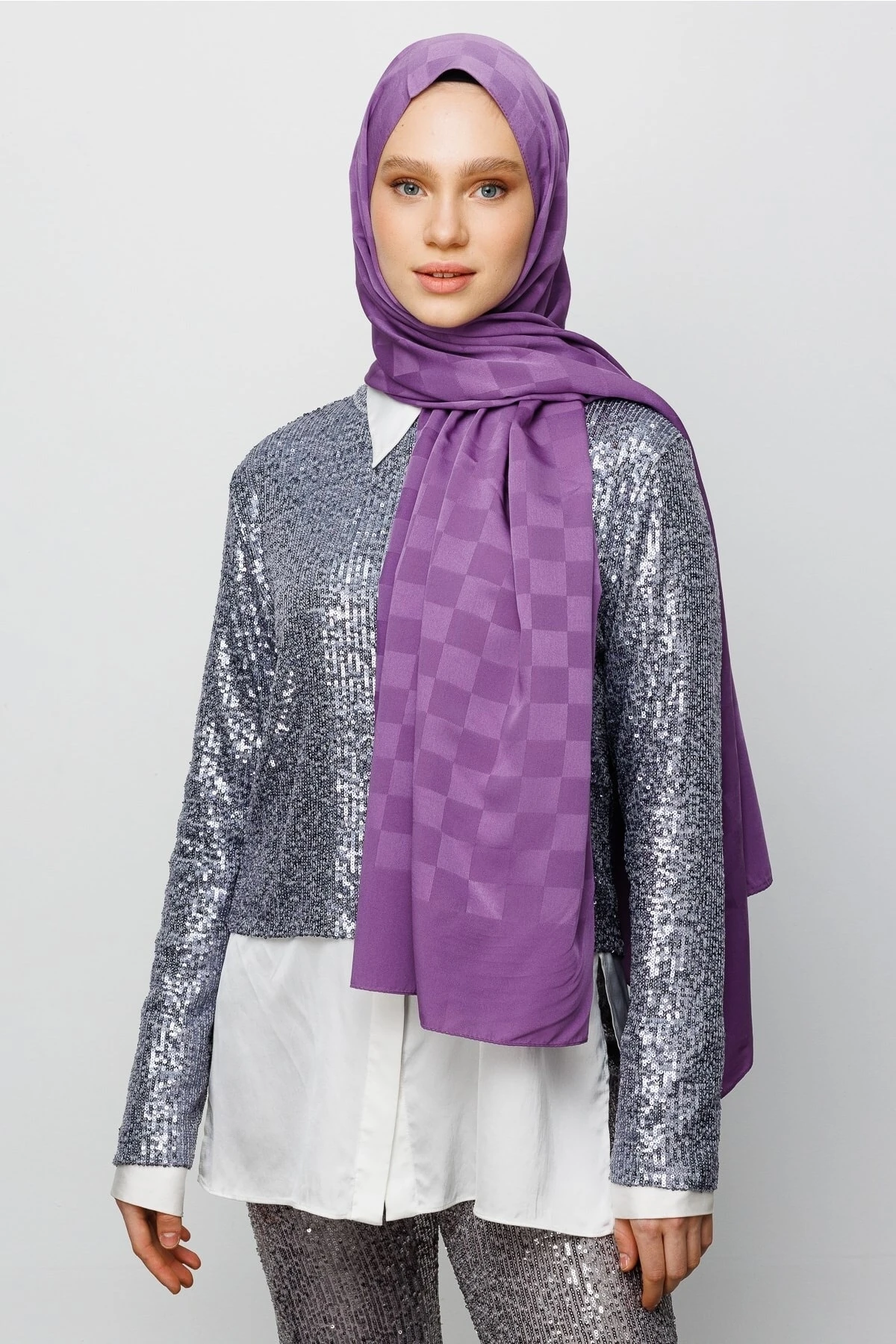 Checkers Pattern Silk Jacquard Shawl - Lavender