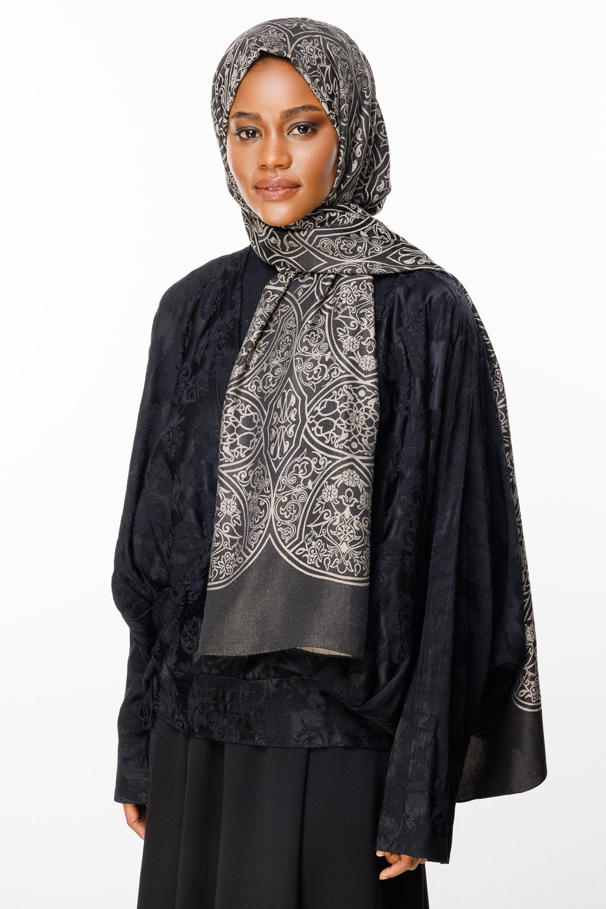 Toptan Morocco Desen Çift Taraflı Şal - Siyah-Bej