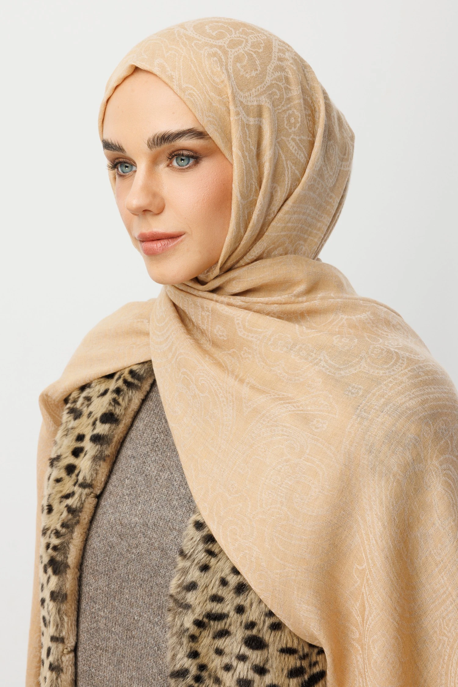 Toptan Rumi Desen Yün Kaşmir Şal - Hardal