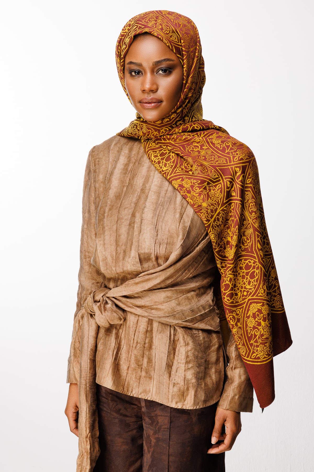 Toptan Morocco Desen Çift Taraflı Şal - Mürdüm-Sarı