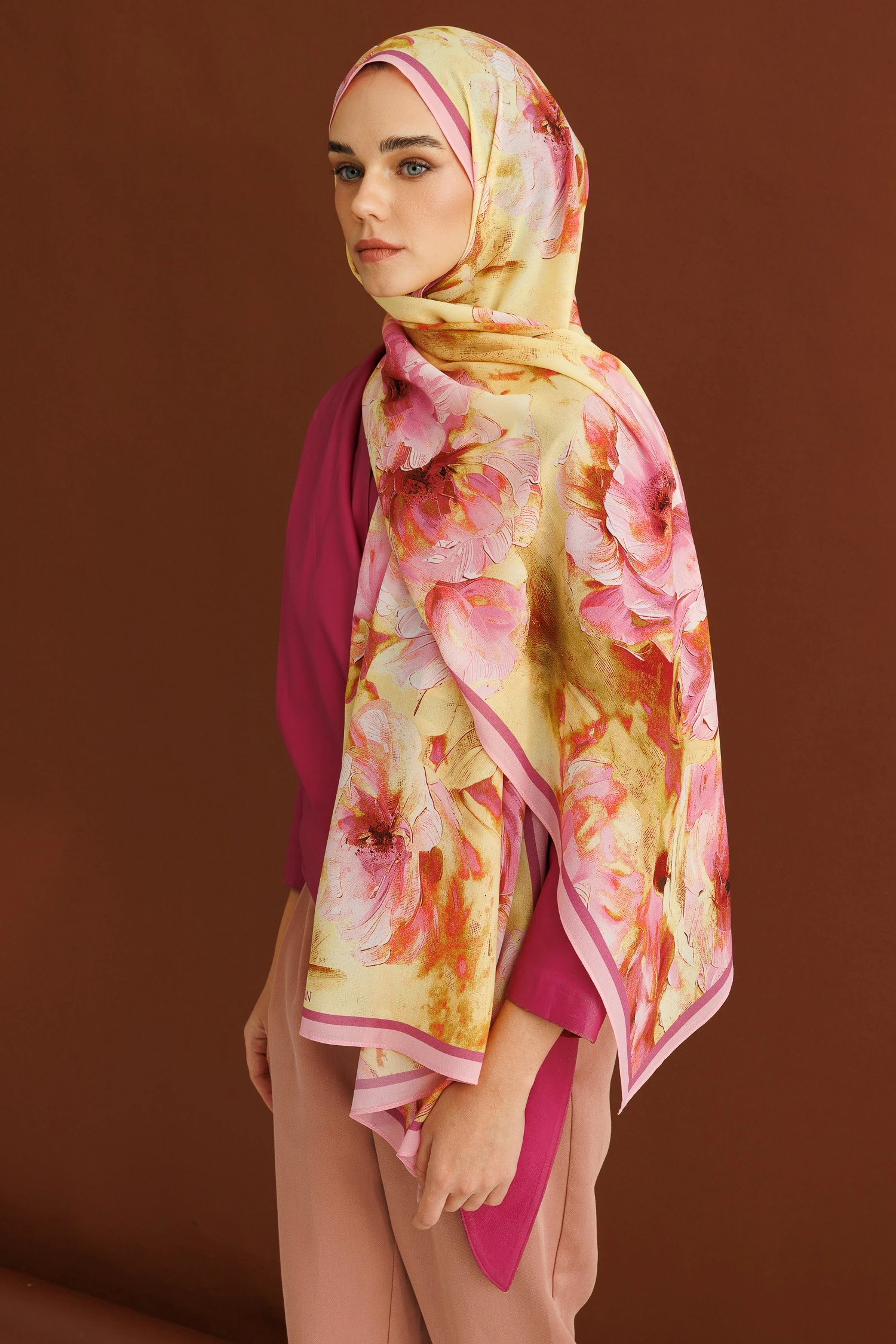 Toptan Rose Desen Hebei İpek Şal - Pembe
