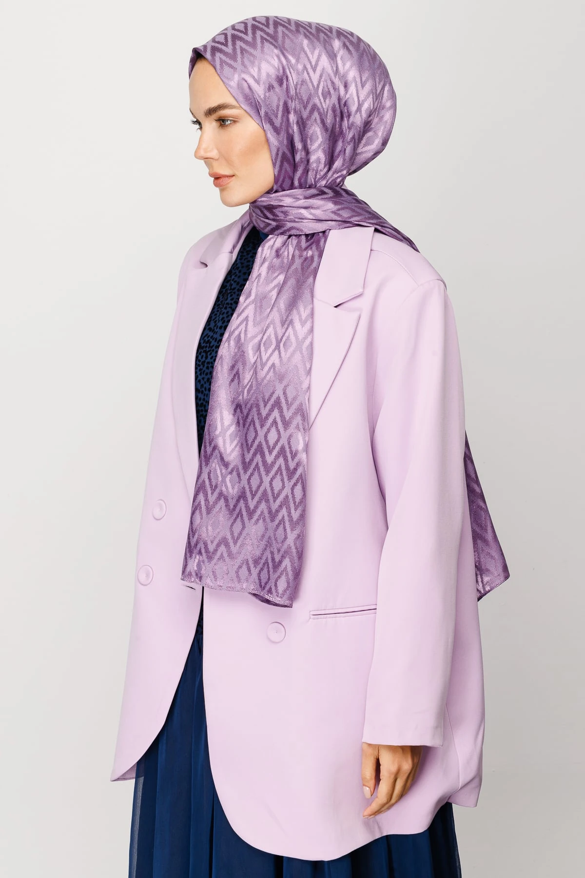 Toptan Karo Desen Parlak Jakar Şal - Lavanta