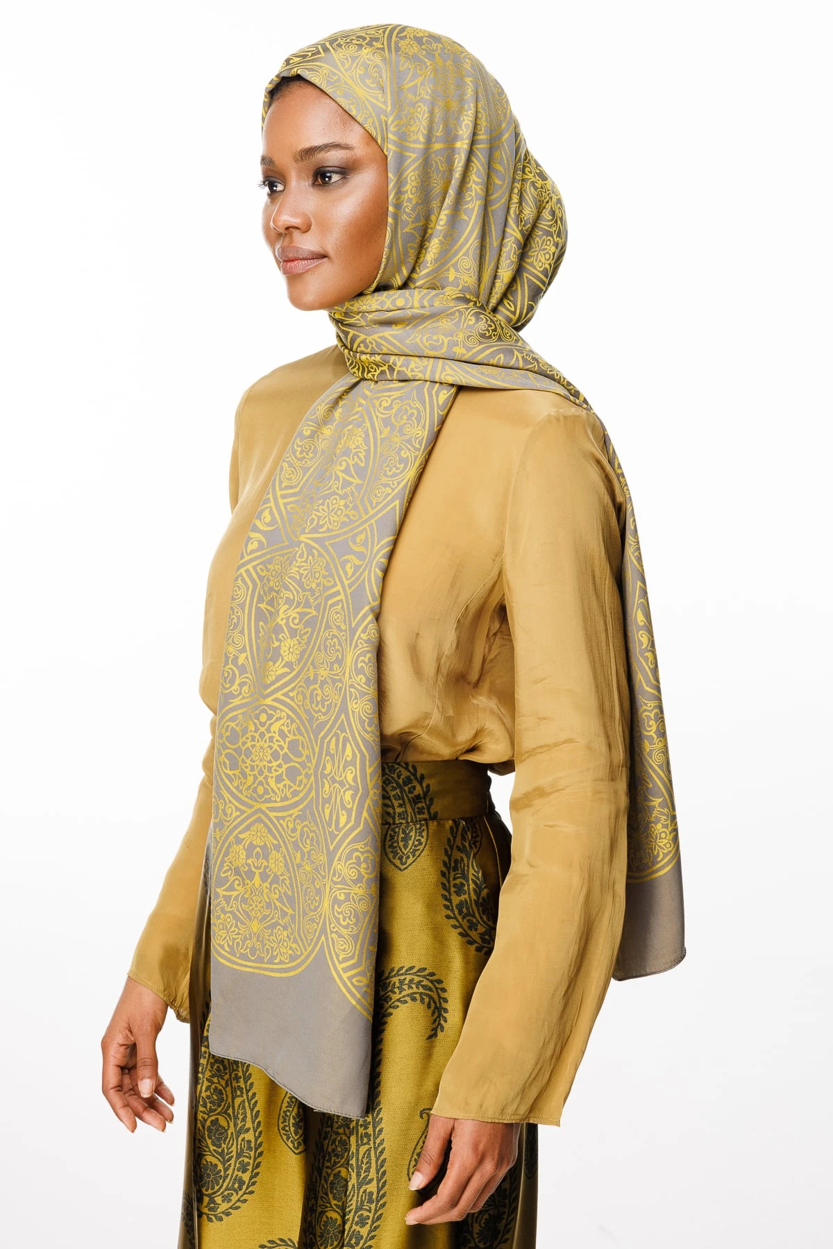 Toptan Morocco Desen Çift Taraflı Şal - Koyu Gri-Hardal