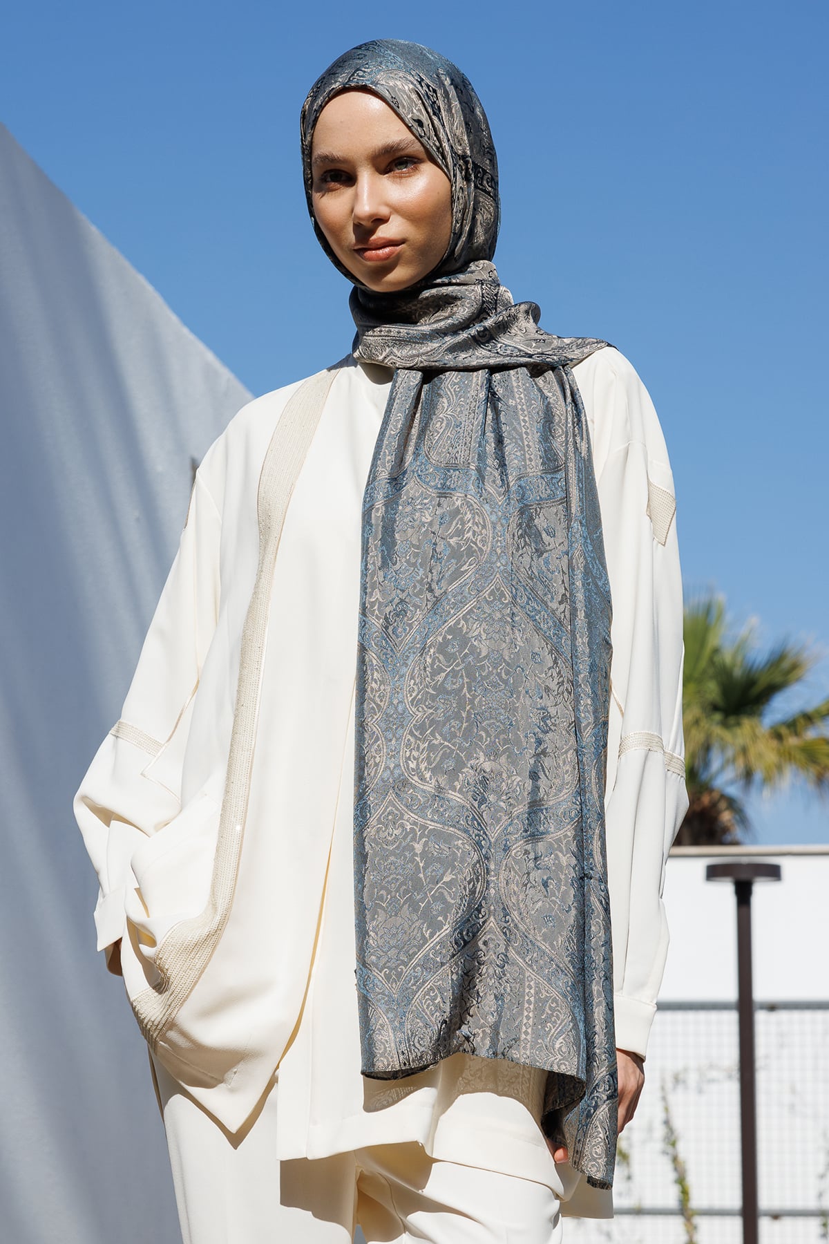 Shline Line Viscose Shawl - Petrol Blue-Beige