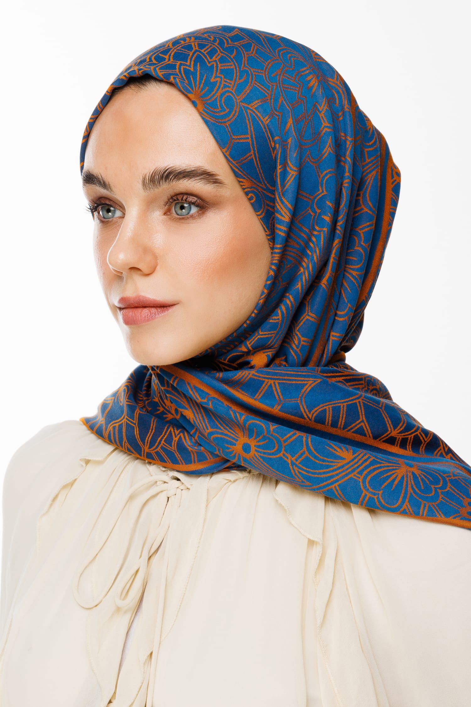 Toptan Lavin Desen Çift Taraflı Şal - Petrol Mavisi-Turuncu