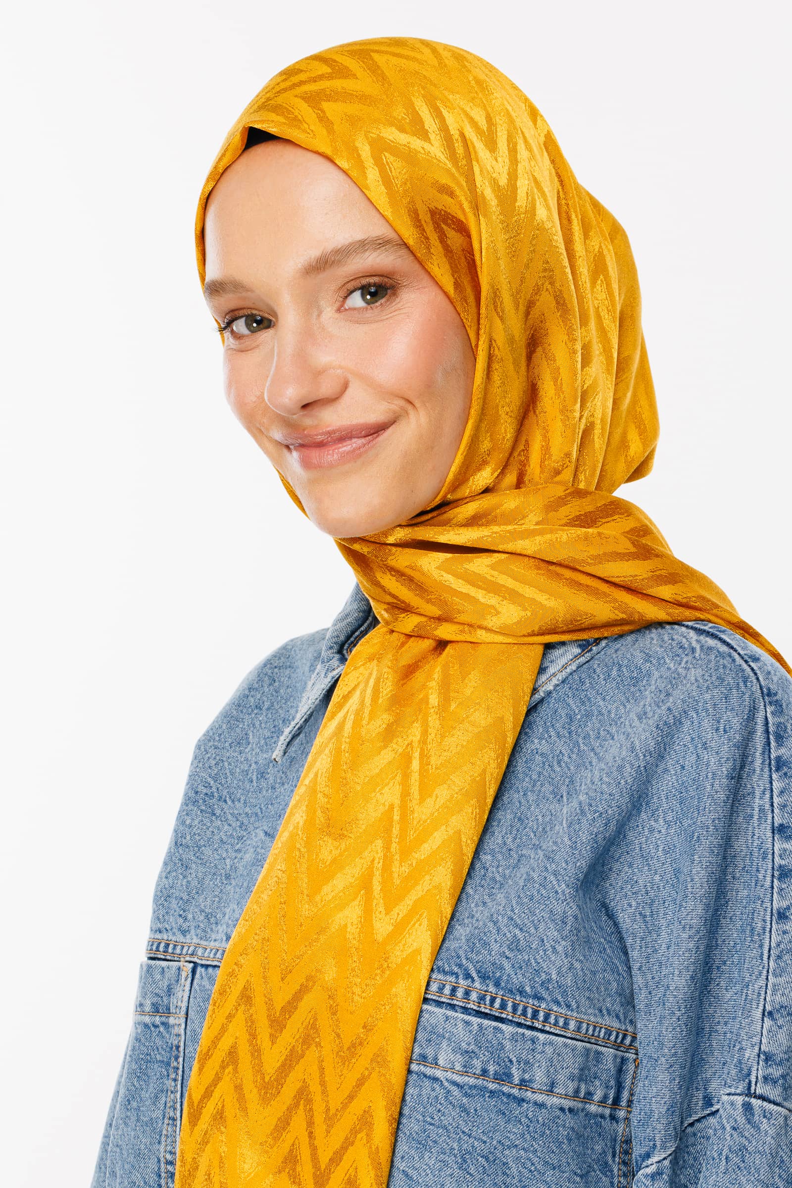 Zigzag Pattern Shiny Jacquard Shawl - Saffron