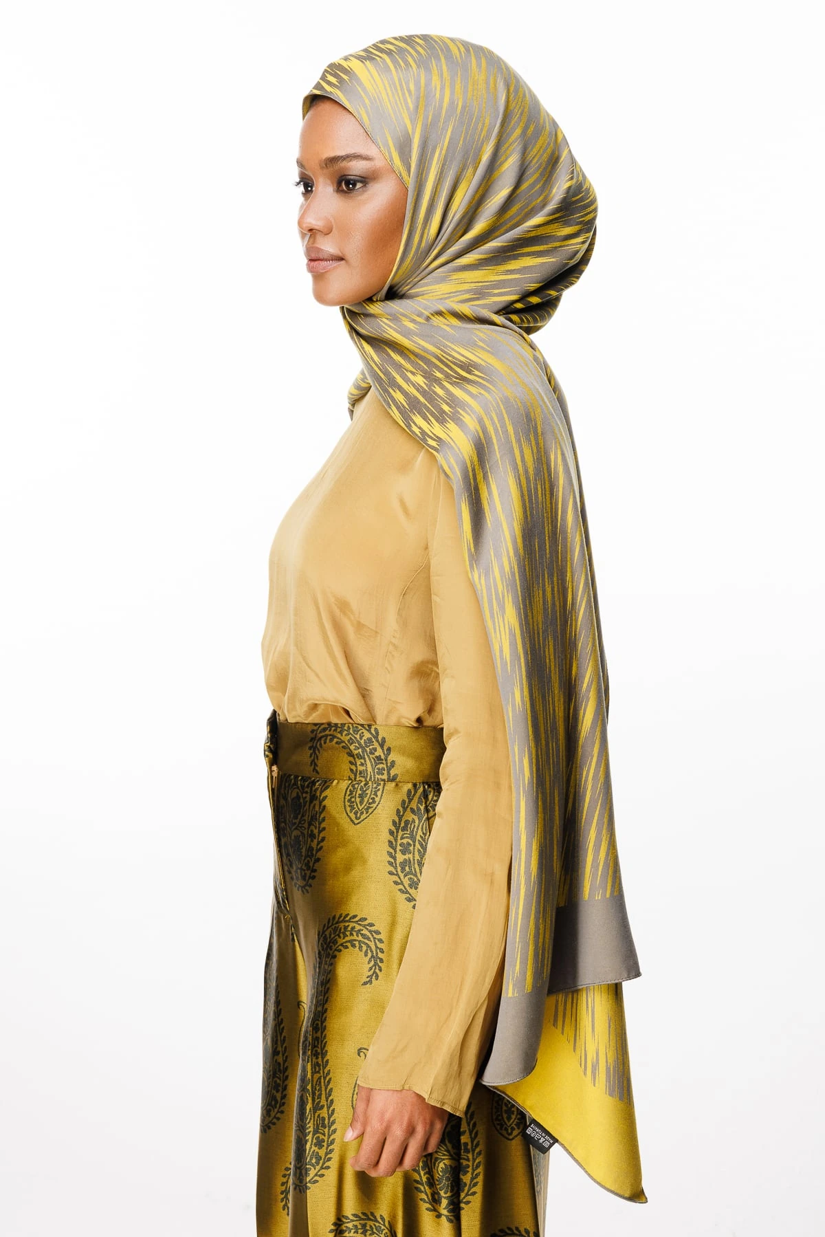 Toptan Selis Desen Çift Taraflı Şal - Koyu Gri-Hardal