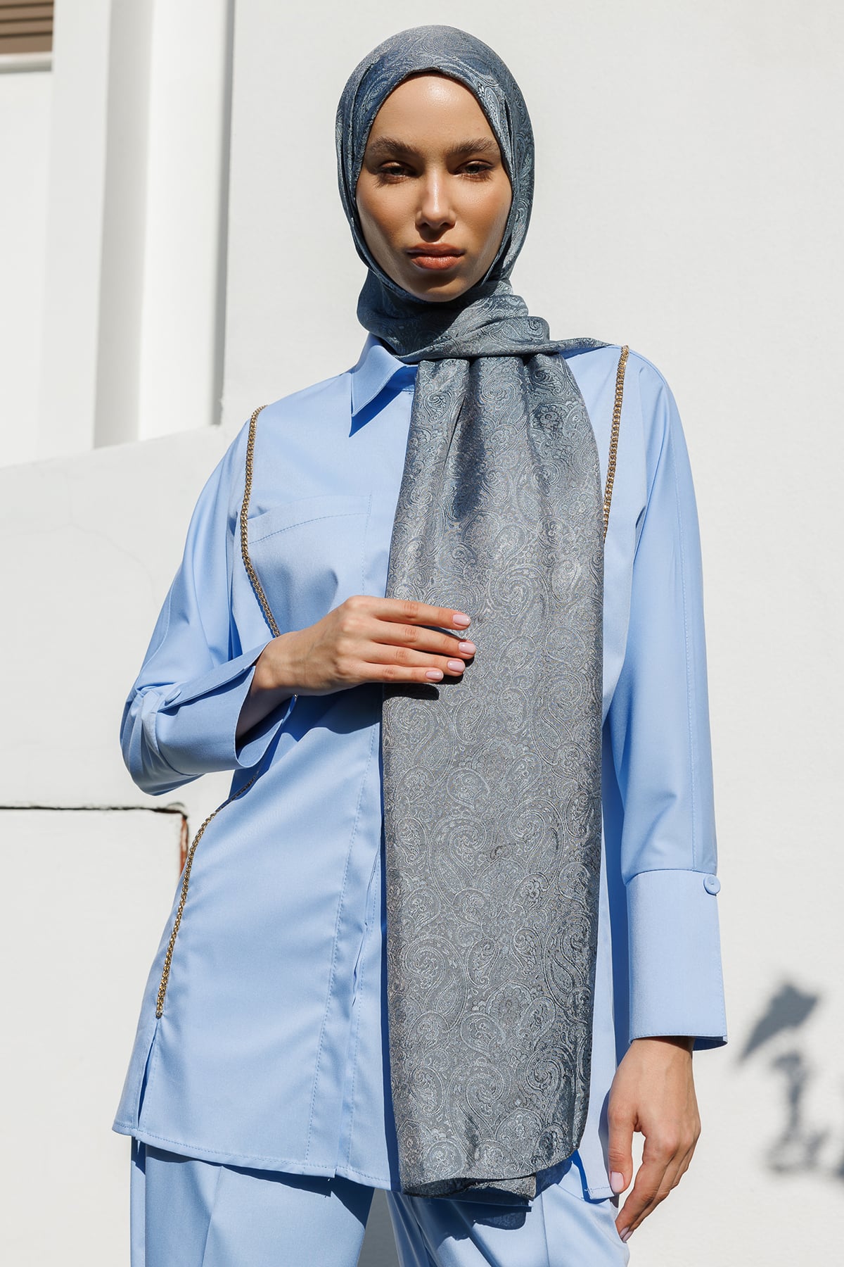 Moren Pattern Shine Line Shawl - Dark Gray-Light Blue