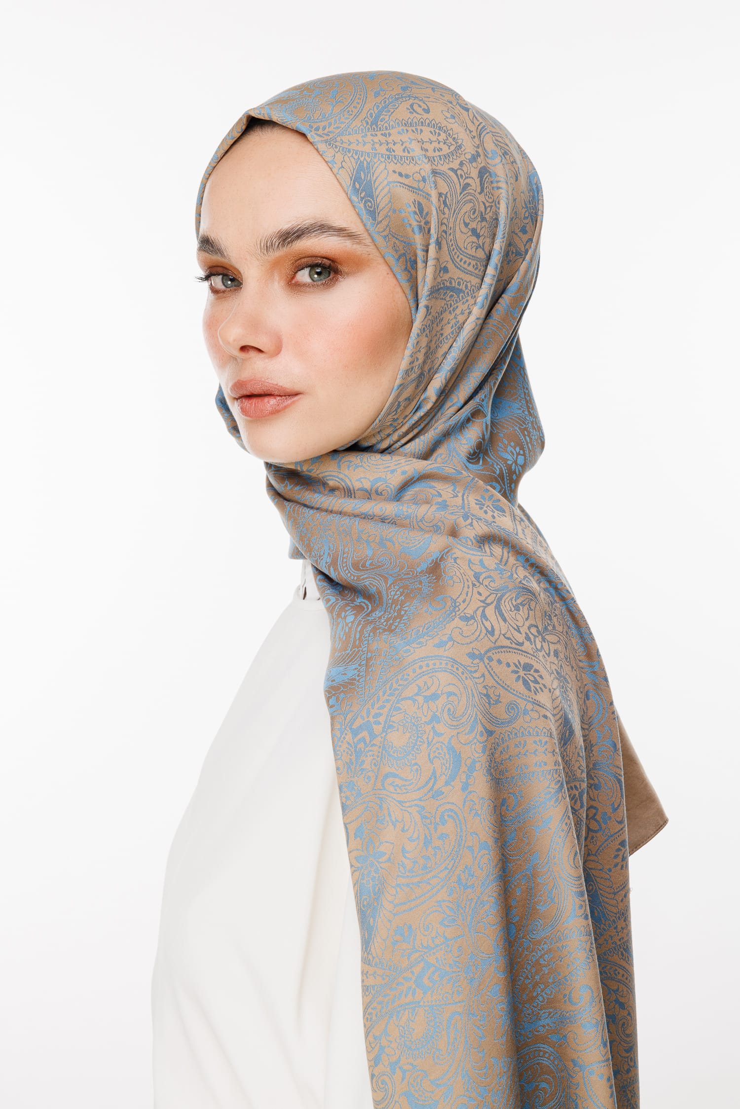 Toptan Velora Desen Çift Taraflı Şal - Vizon-Turkuaz