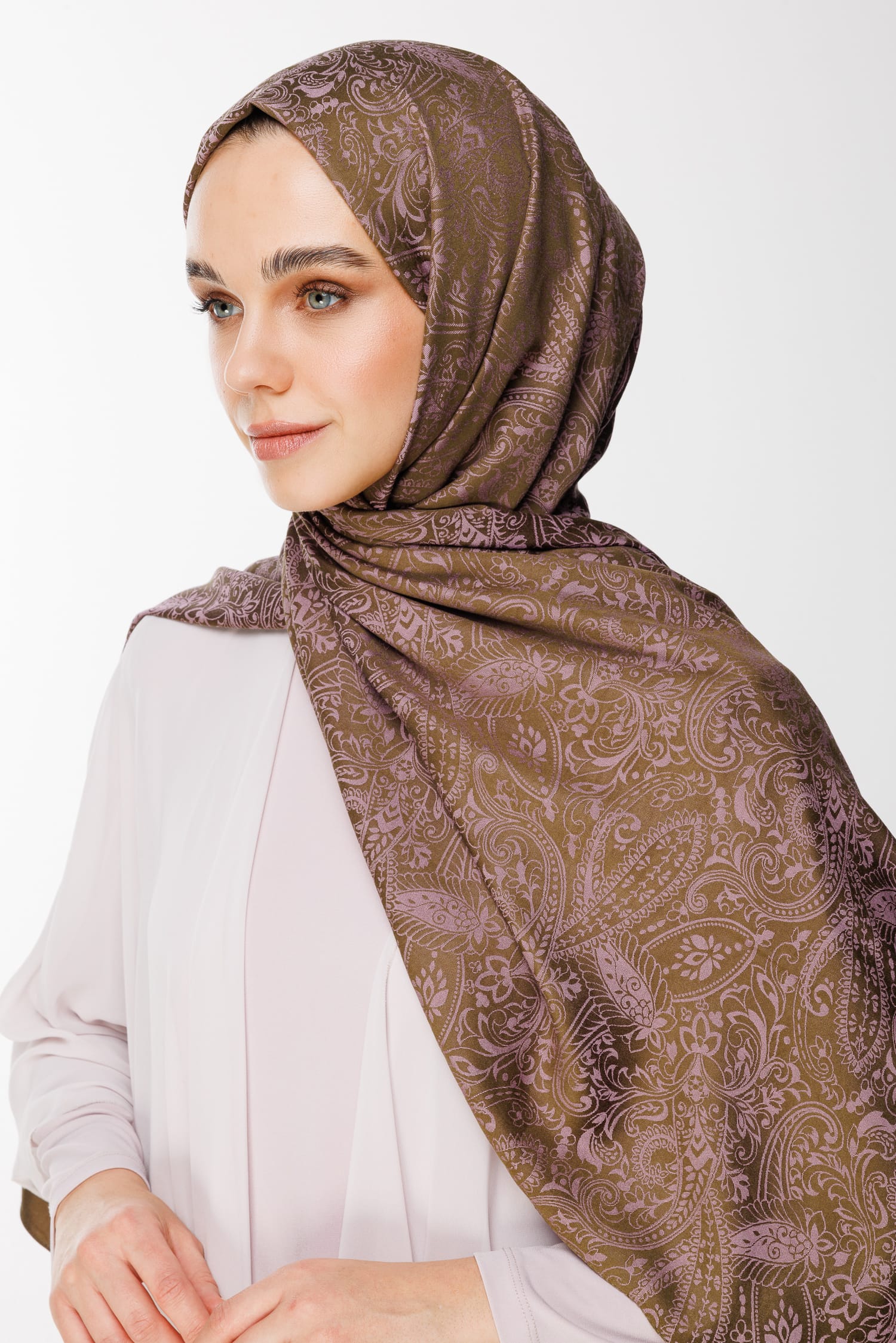 Velora-Pattern Reversible Shawl - Dark Khaki-Dark Dusty Rose